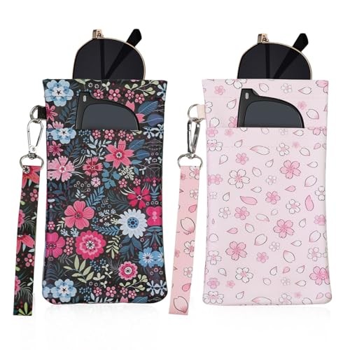 Double Eyeglass Case Soft Dual Glasses Case for Women 2 Blue Purple+pink Flower