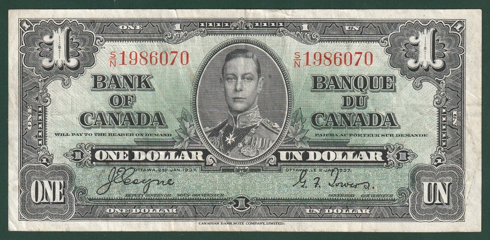 Canada, Bank of Canada, $1, 1937, KGVI, P-58e, VF++