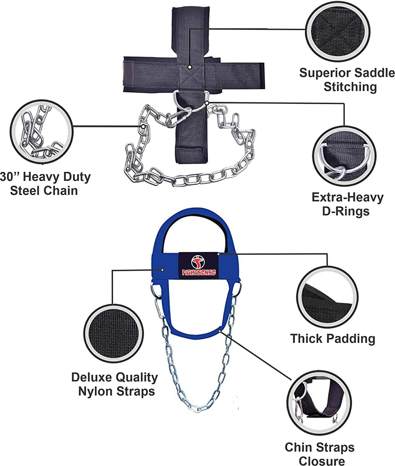 FIGHTSENSE Head Neck Harness Strap Neck Support Lifting With Chain Blue