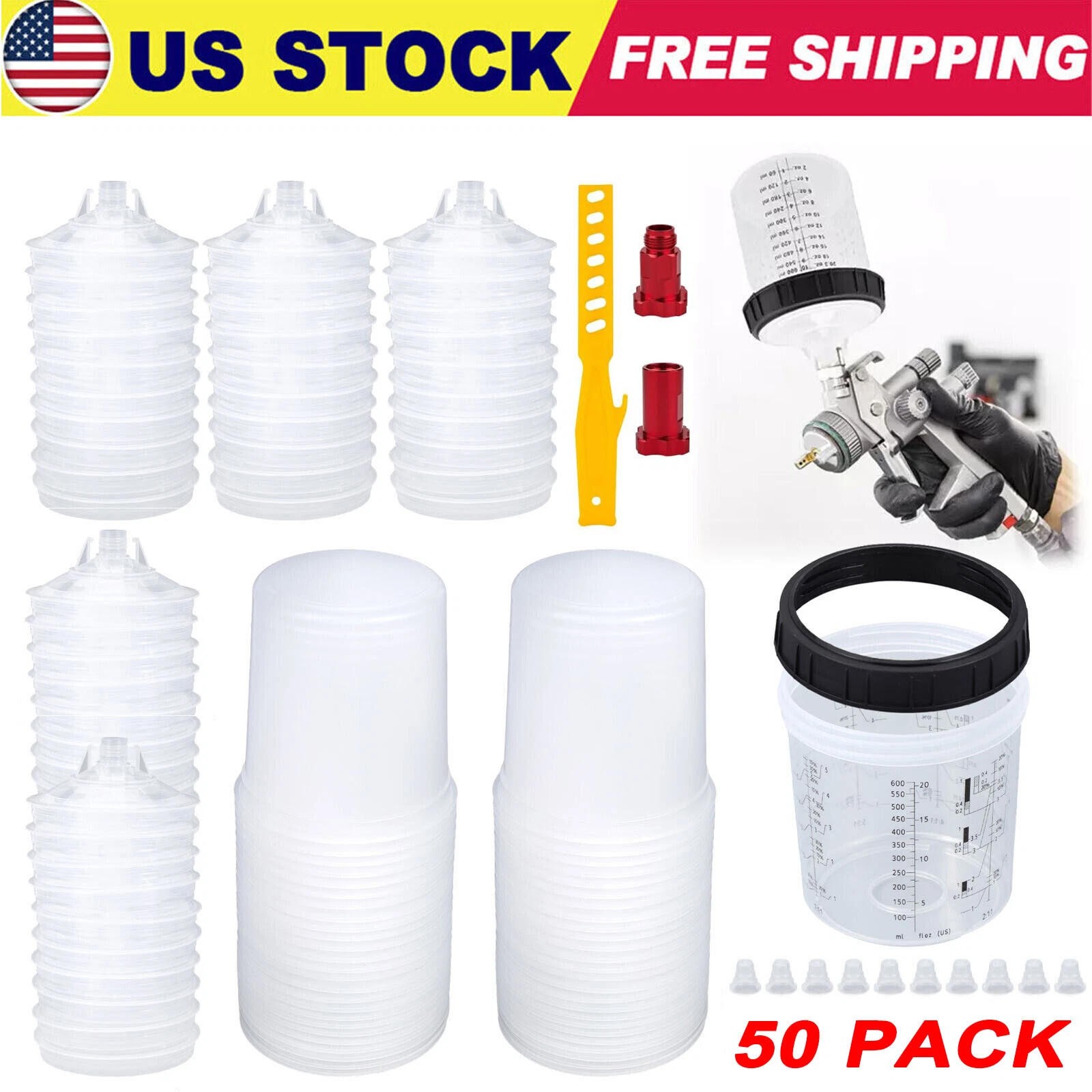 50 Pack PPS CUPS Disposable Paint Spray Gun Cup Liners and Lid System (125 Mic)