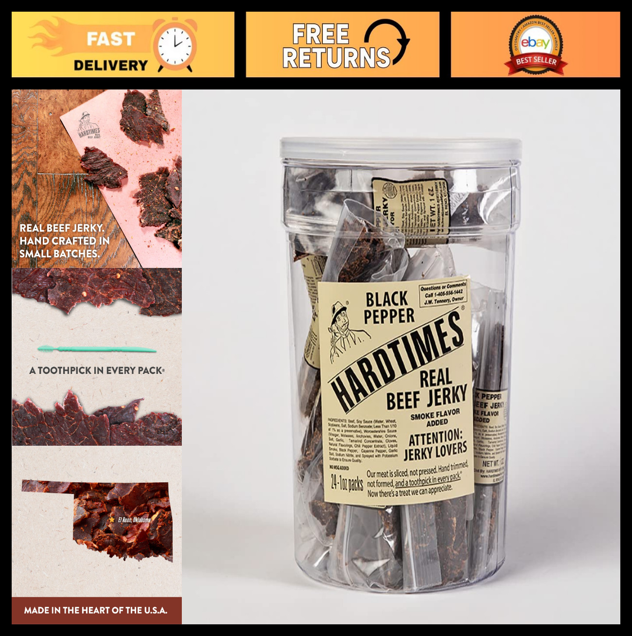 Handcrafted Black Pepper Beef Jerky - 24 Pack, 1 oz Bags, High Protein Snack