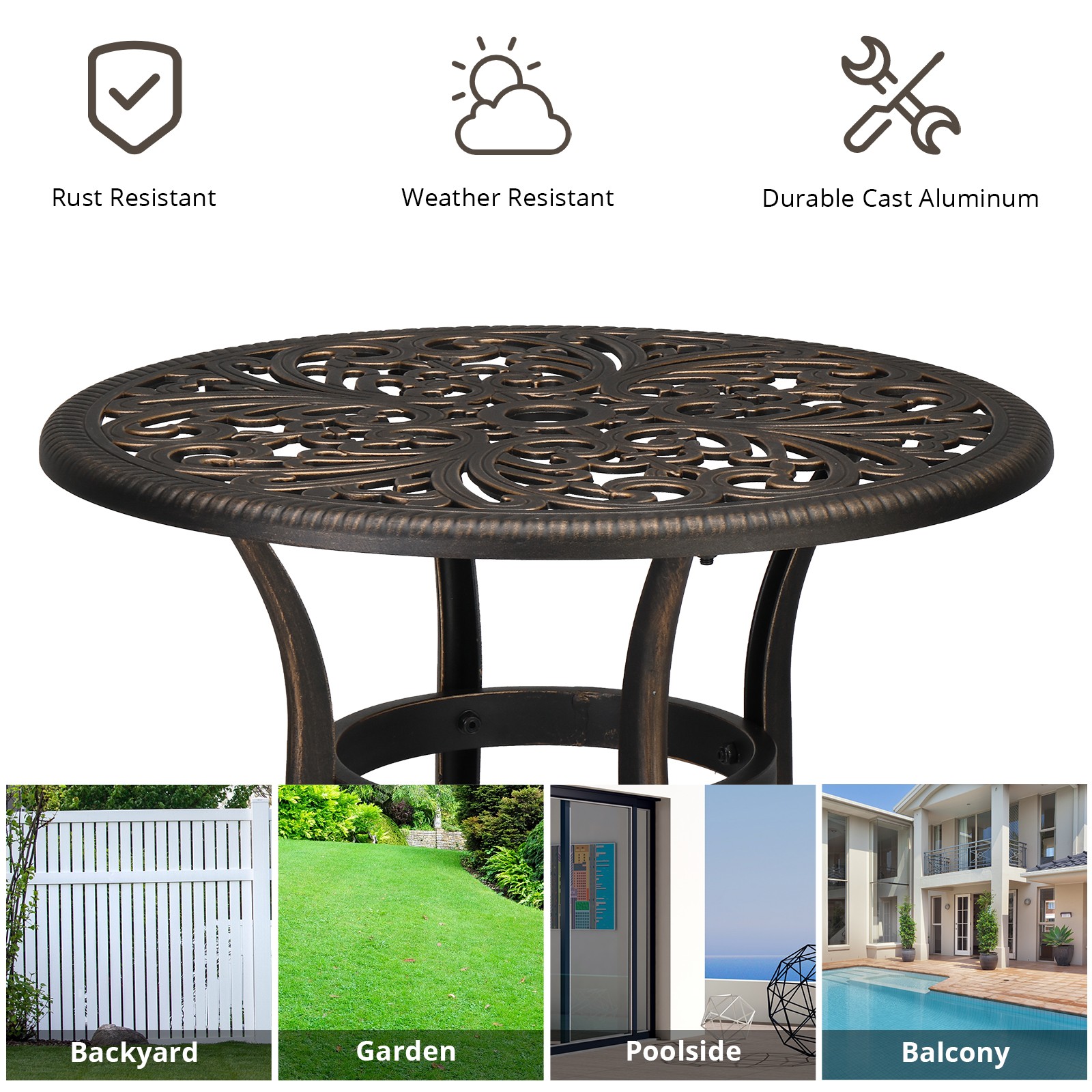 23.6inch Phoenix Table Round Garden Cast Aluminum Table Bronze