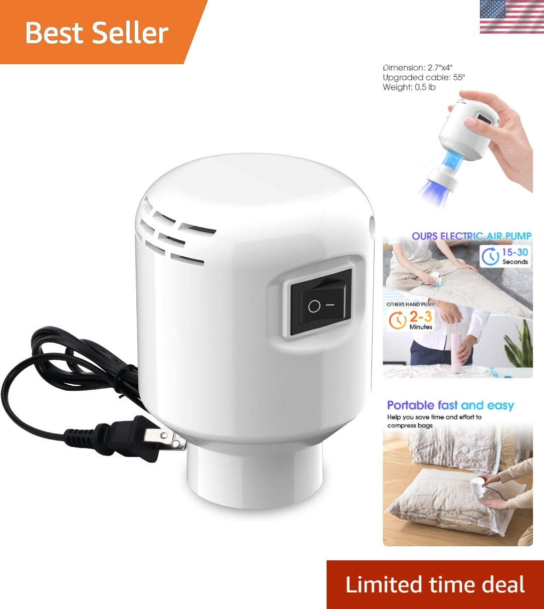 Compact Vacuum Storage Electric Pump for Quilts and Clothing - 2.76 x 3.94in
