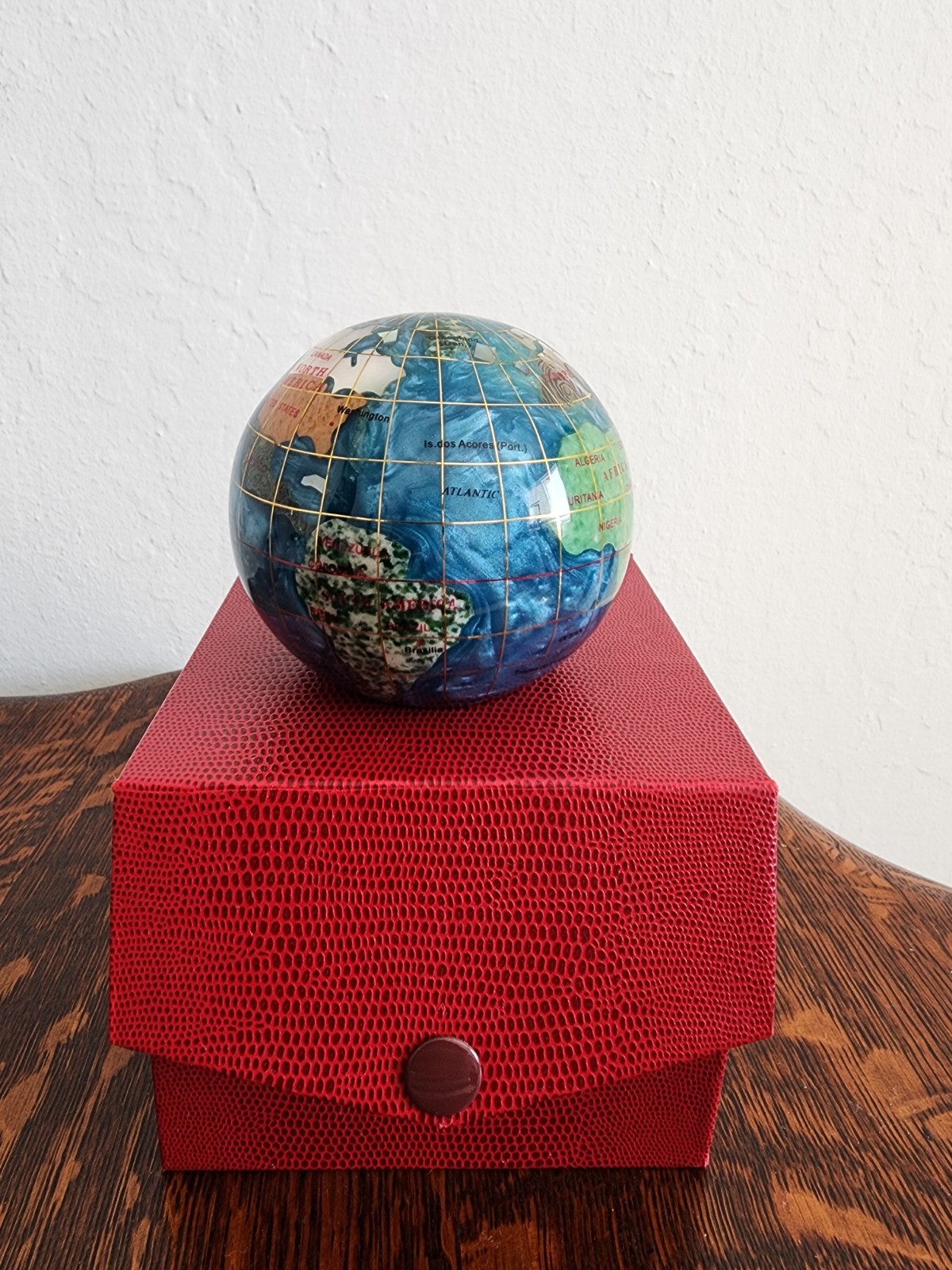 Handcrafted Gemstone Globe Paperweight in Decorative Red Box