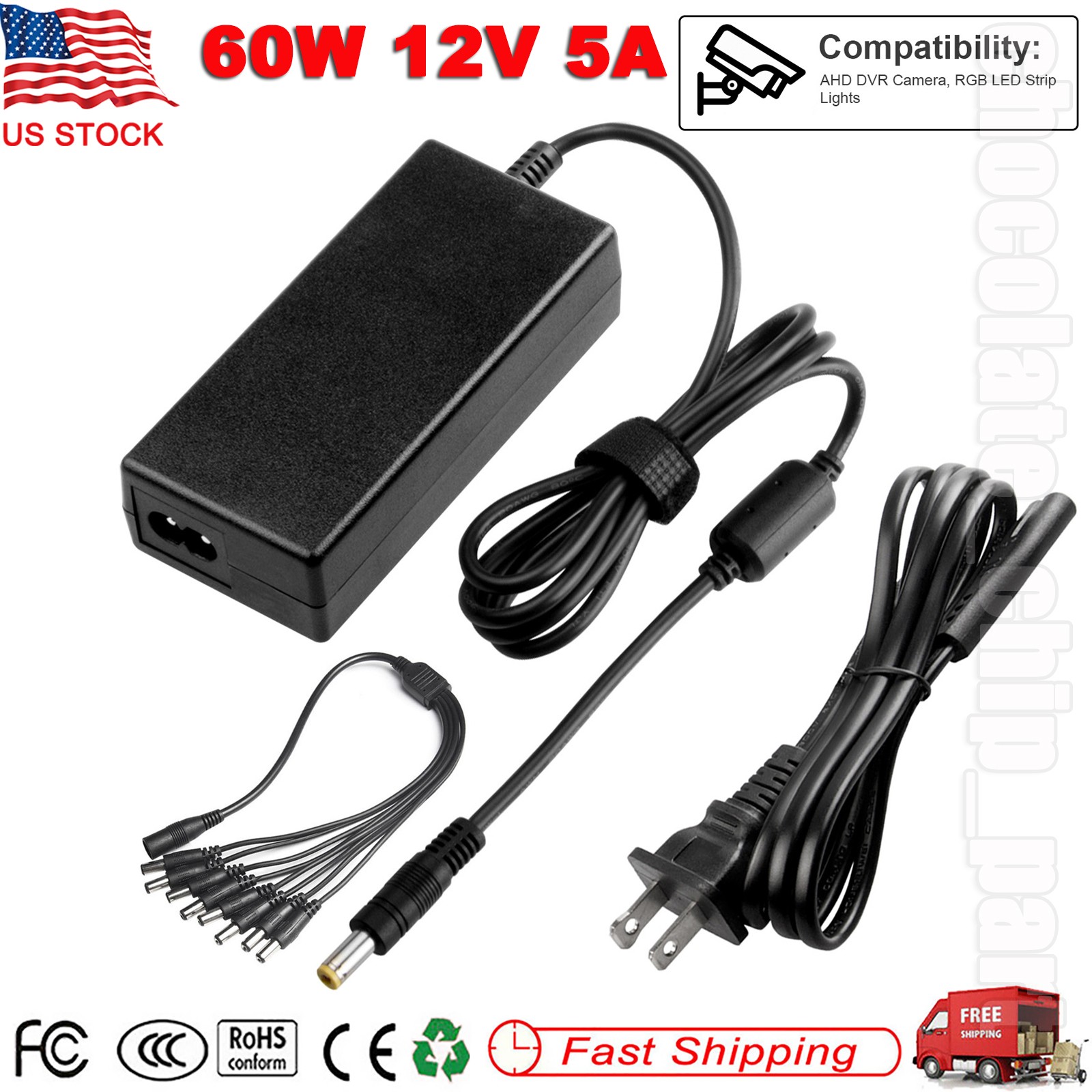 12V 5A Power Supply Switch Adapter Security System Camera CCTV With 8 splitter