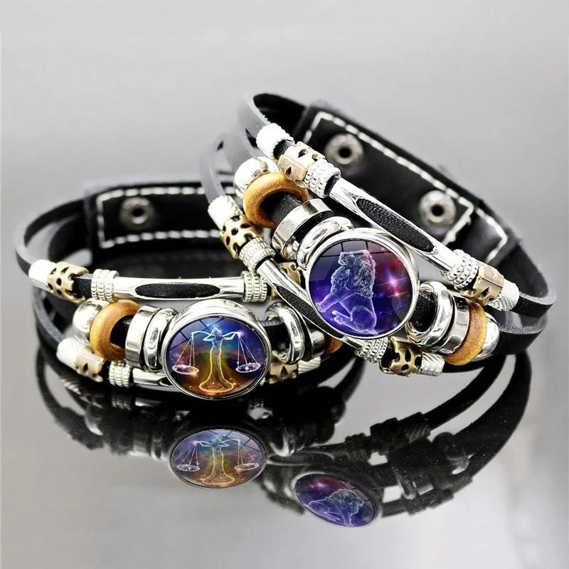 Zodiac Signs Spirit Bracelet, Beaded 12 Constellation Zodiac Leather Bracelet