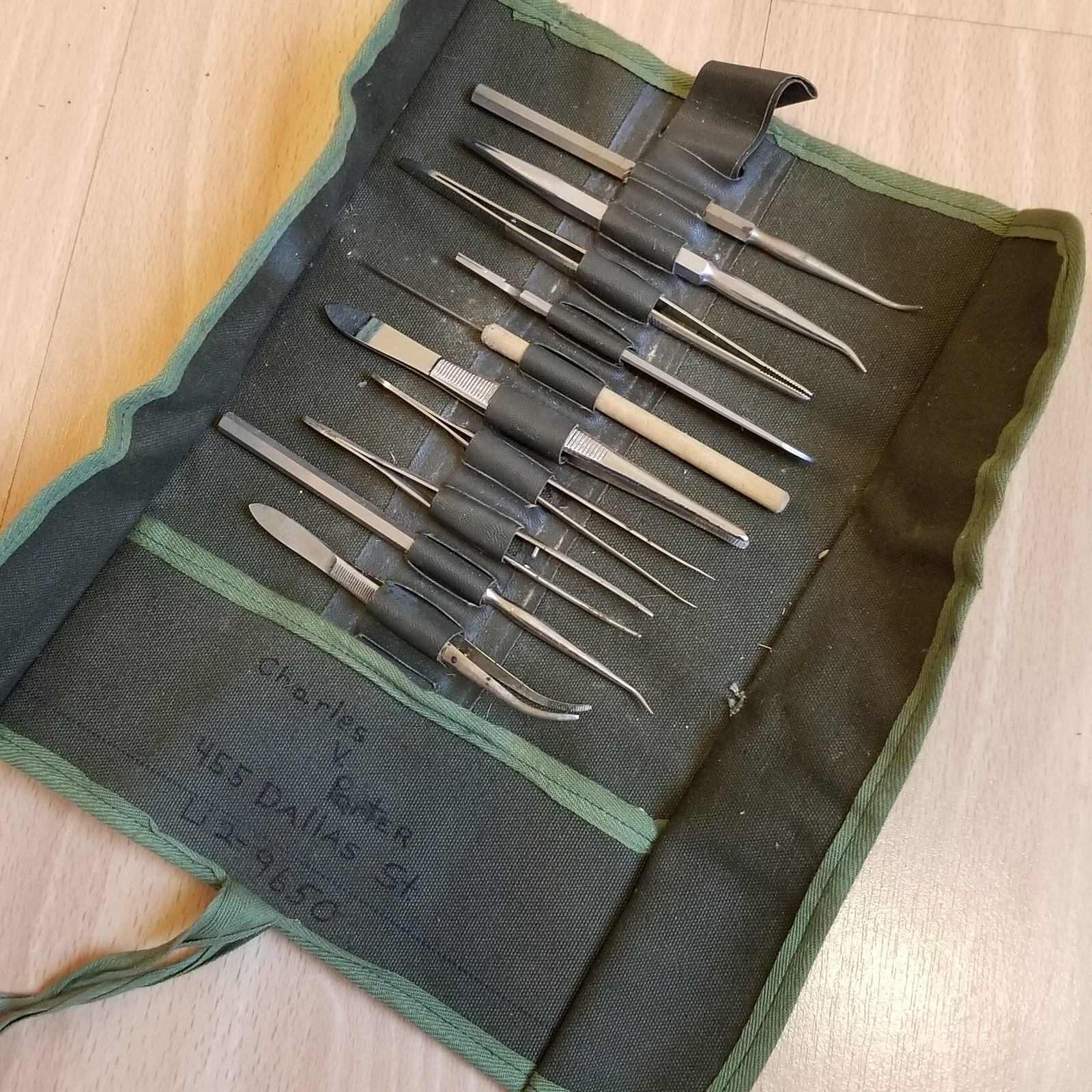 Vintage Canvas Field Bag Military Army Dentist MEDICAL WW2 instruments SIGNED