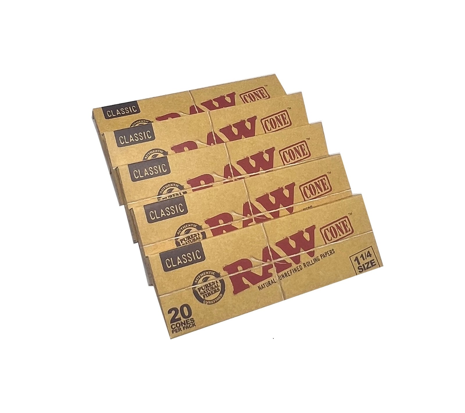 Authentic RAW Classic Cone, 1-1/4 W/Filter Tip, 5 Packs x 20 Per Pack=100 Cones