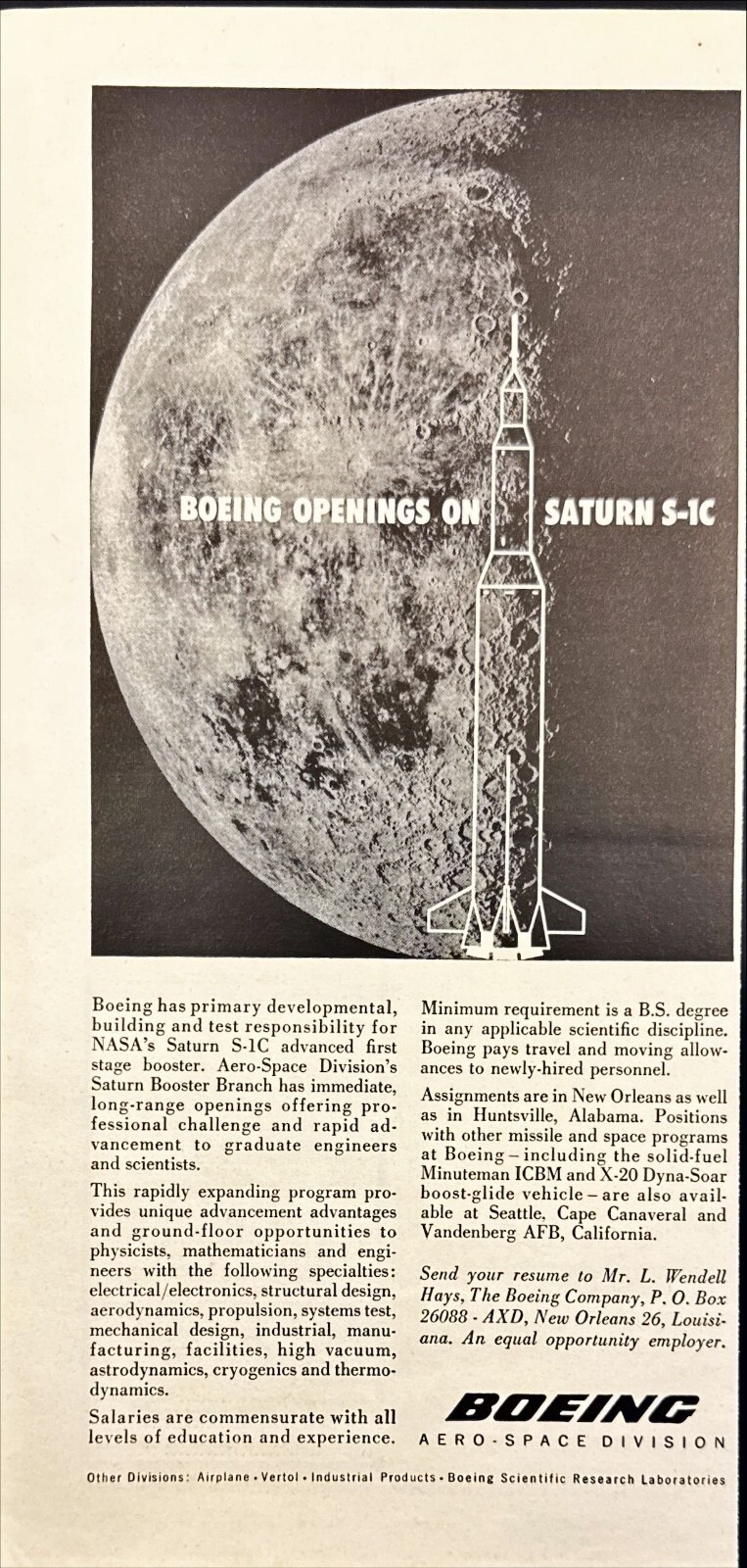 Boeing Aero Space Div Saturn S-1C Rocket Booster Jobs Vintage Print Ad 1963