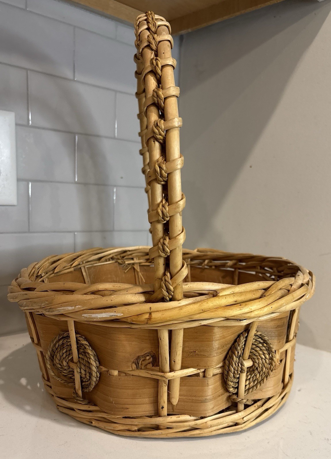Vintage Wicker Basket w/Handle 12” Round Rustic Farmhouse Easter Gathering Decor