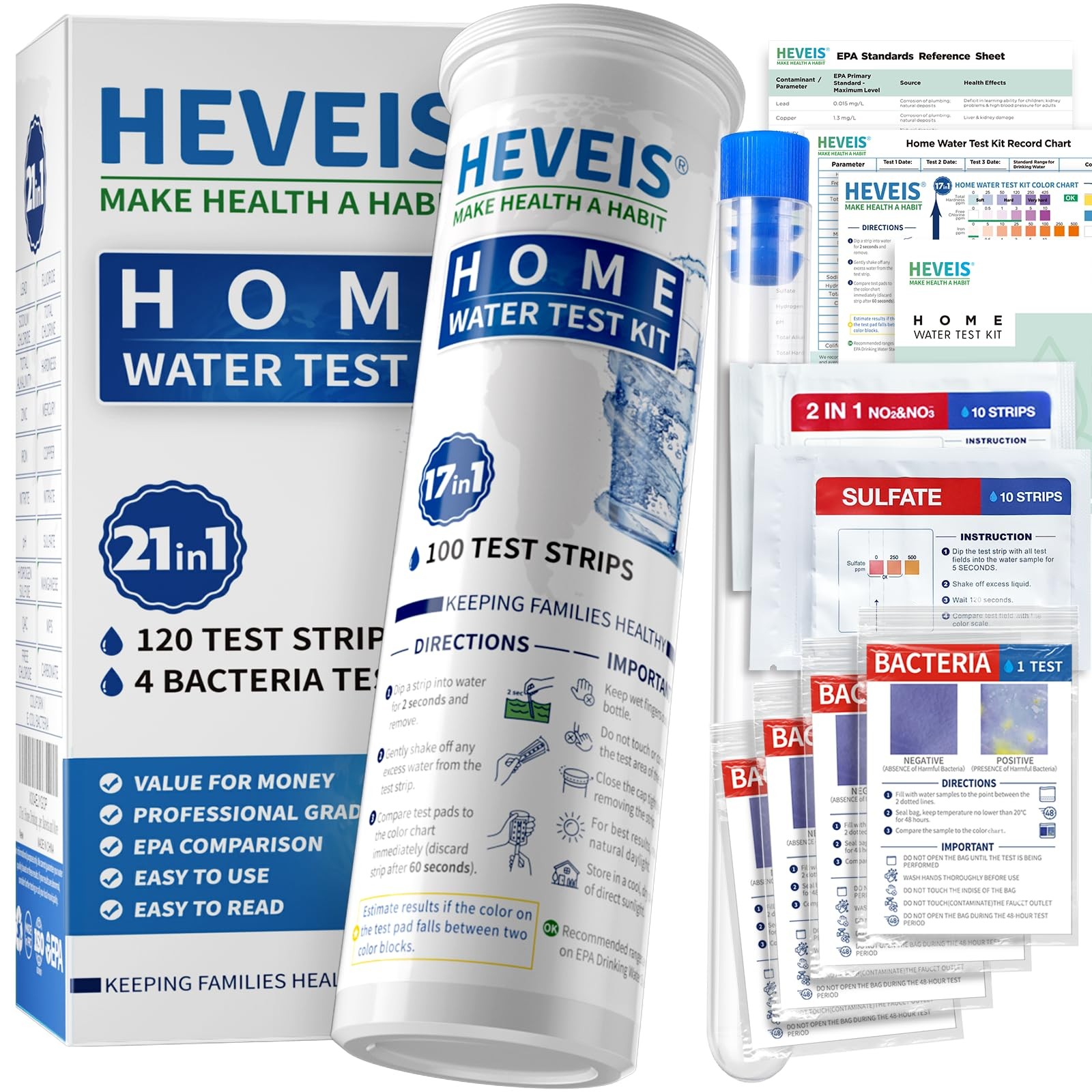 21in1 Home Drinking Water Testing Kit  120 Strips + 4 Bacteria Tests  Tap and...