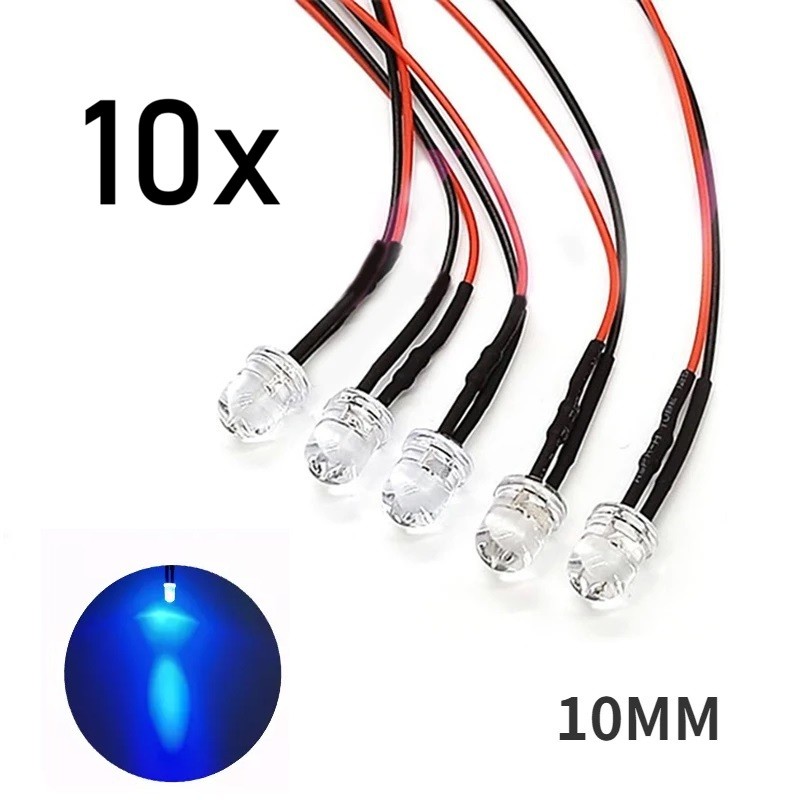 10x Blue LED Light Single Bulb Wired Resistor 5-12V 10mm Large Round Top Clear
