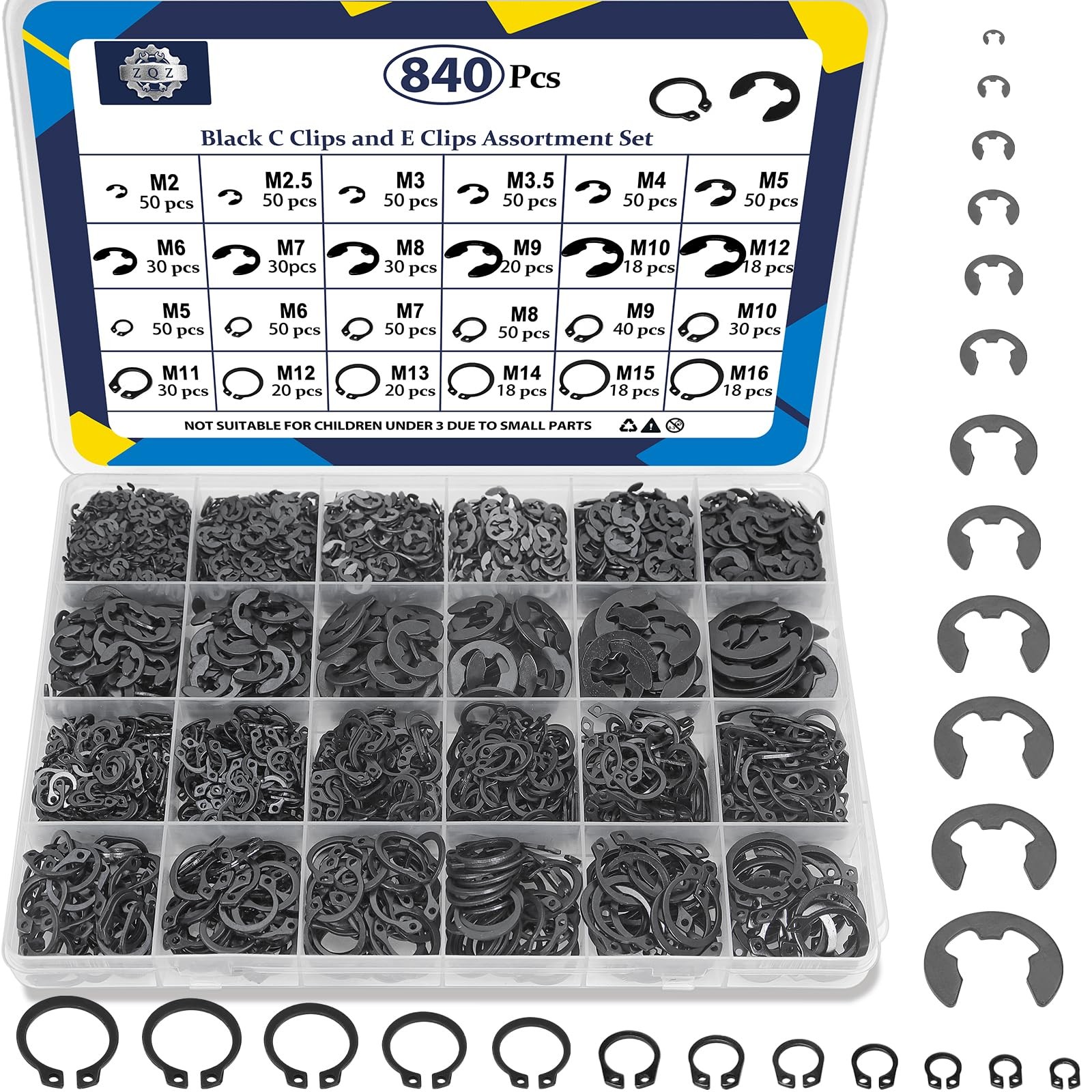 ZQZ 840Pcs C Clips Black Carbon Steel 840pcs E-clips+C-clips,