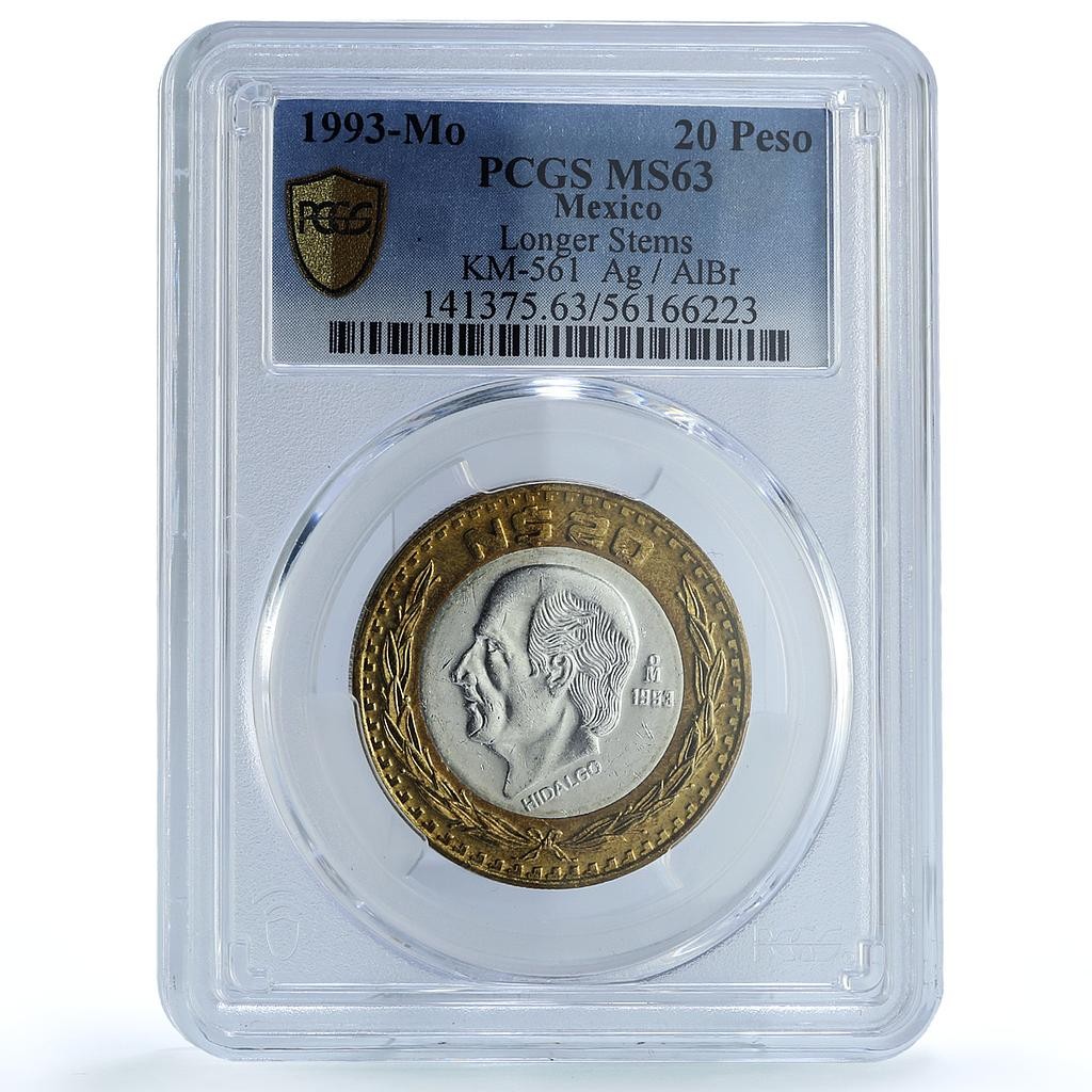 Mexico 20 pesos Republic Longer Stems KM-561 Hidalgo MS63 PCGS bimetal coin 1993