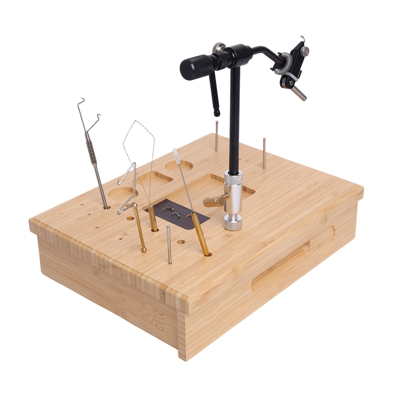 Bamboo Fly Tying Workstation – 12-Slot Tool Organizer with Built-Drawer