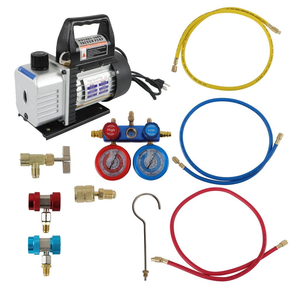 AC Manifold Gauge Set Combo 110V/60HZ 3 CFM Air Vacuum Pump HVAC &  R134A Kit