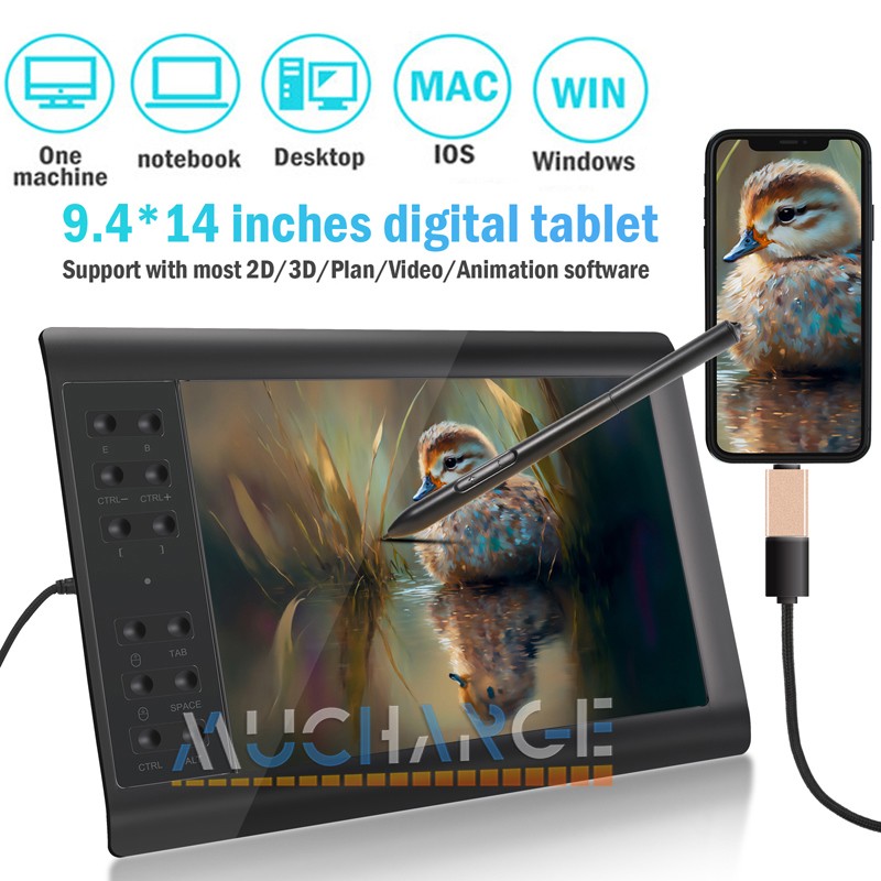 10"x 6''  Digital Graphic Drawing Tablet Pad 12 Smart Keys + Battery-free pen