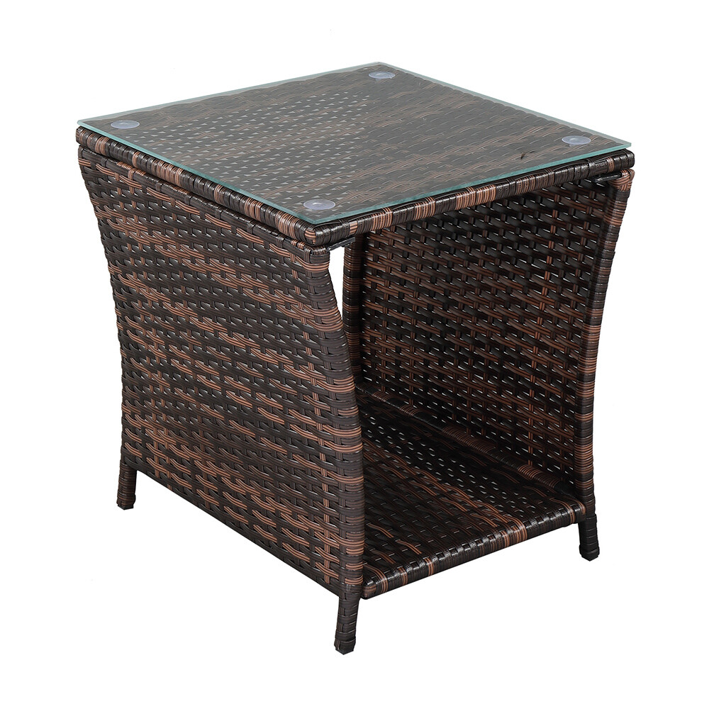 Patio Wicker Side Coffee Table Bistro Glass Table Outdoor End Table with Storage