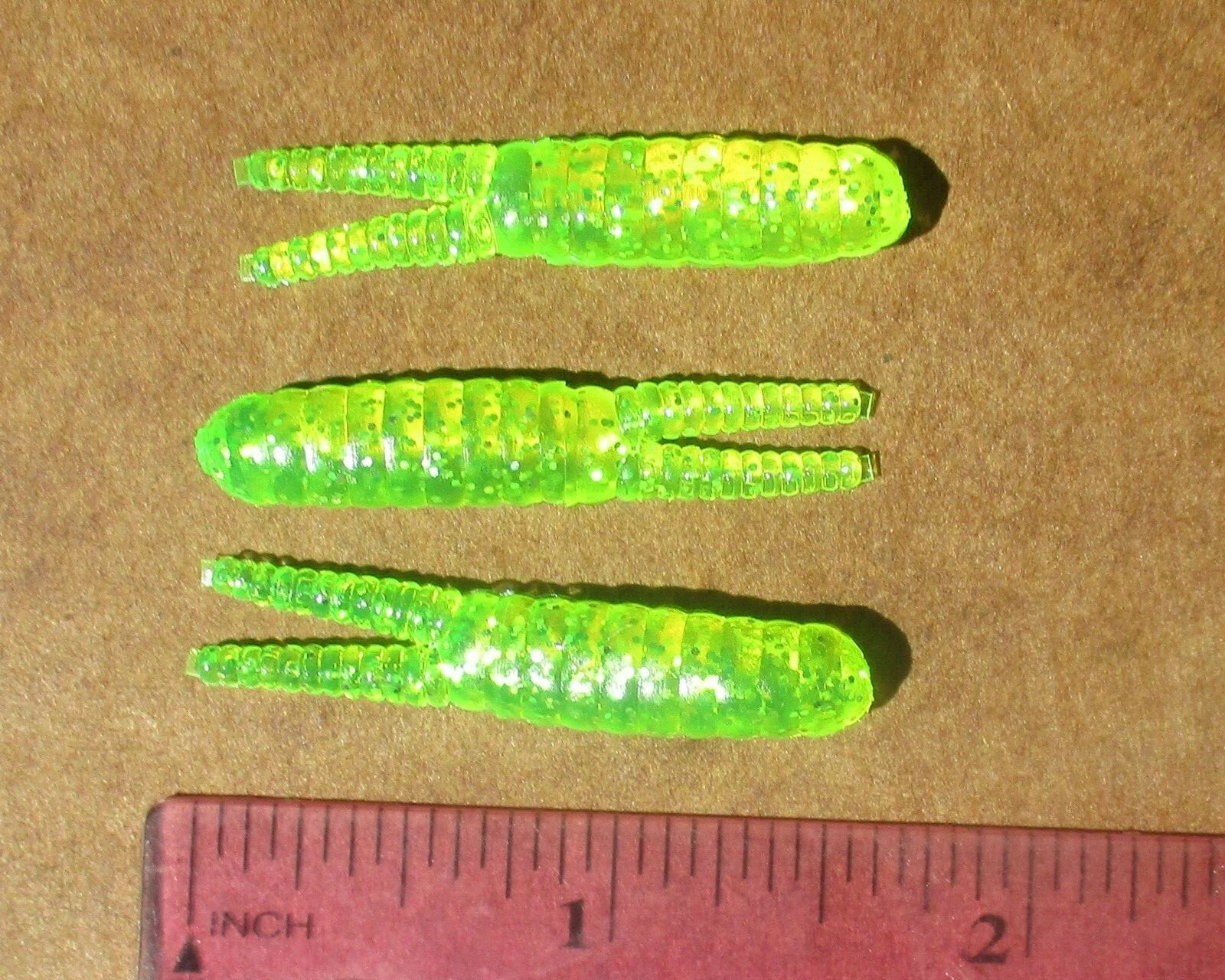 50ct CHARTREUSE SILVER FLAKE 1.5" SPLIT TAIL BEETLES Crappie Baits Panfish Lures