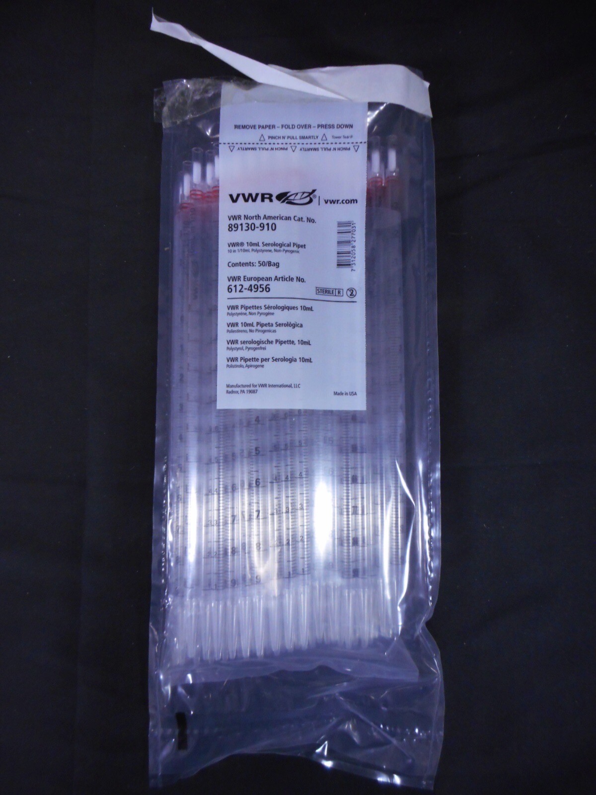 VWR Polystyrene 10mL Plugged Serological Pipet 9.52mm Diameter 89130-910(50/pk)