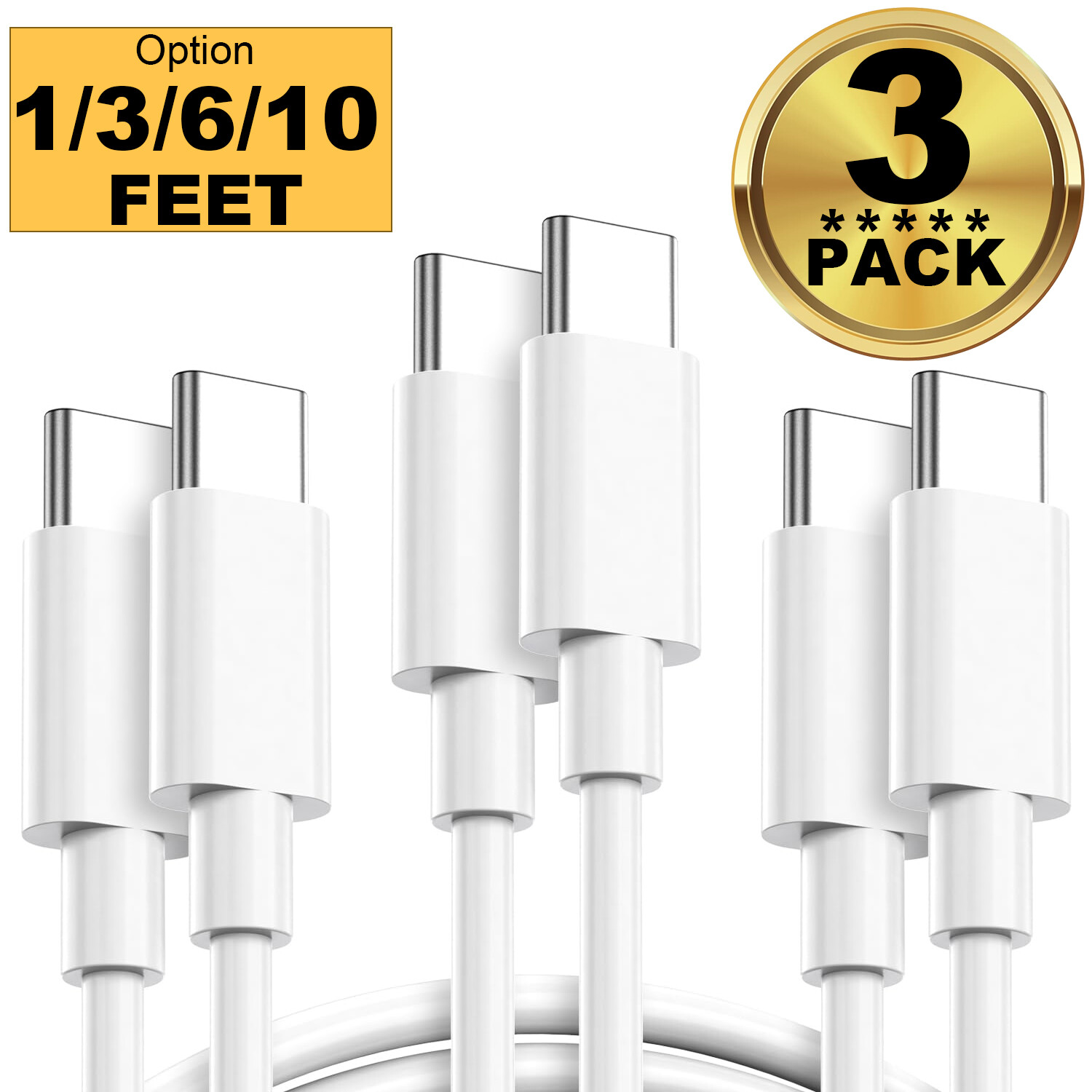 3x USB-C to USB-C Cable Fast Charger Type C Charging Cord Data SYNC 1/3/6/10 Ft