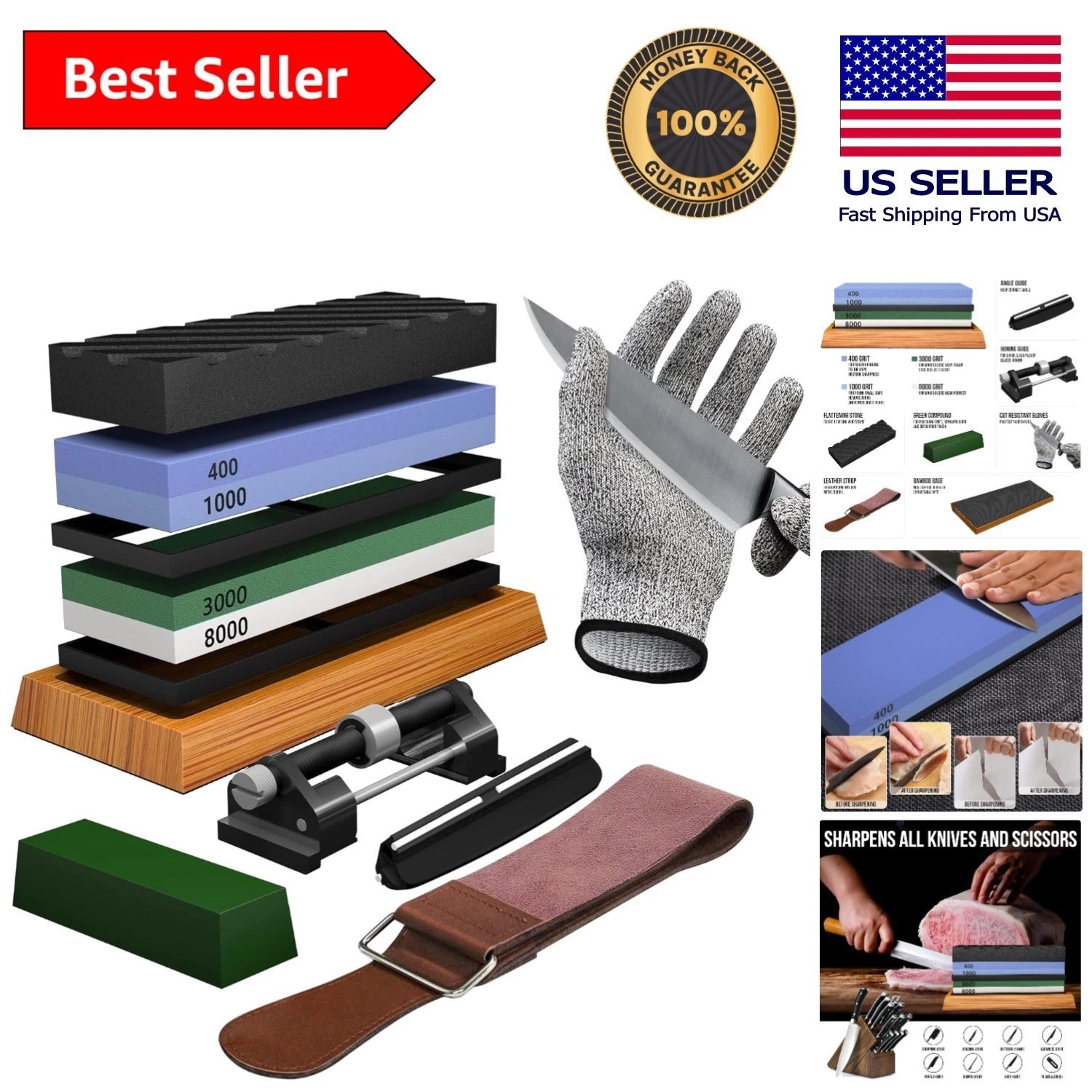 Multi-Purpose Whetstone Knife Sharpener with Cut Resistant Gloves & Strop