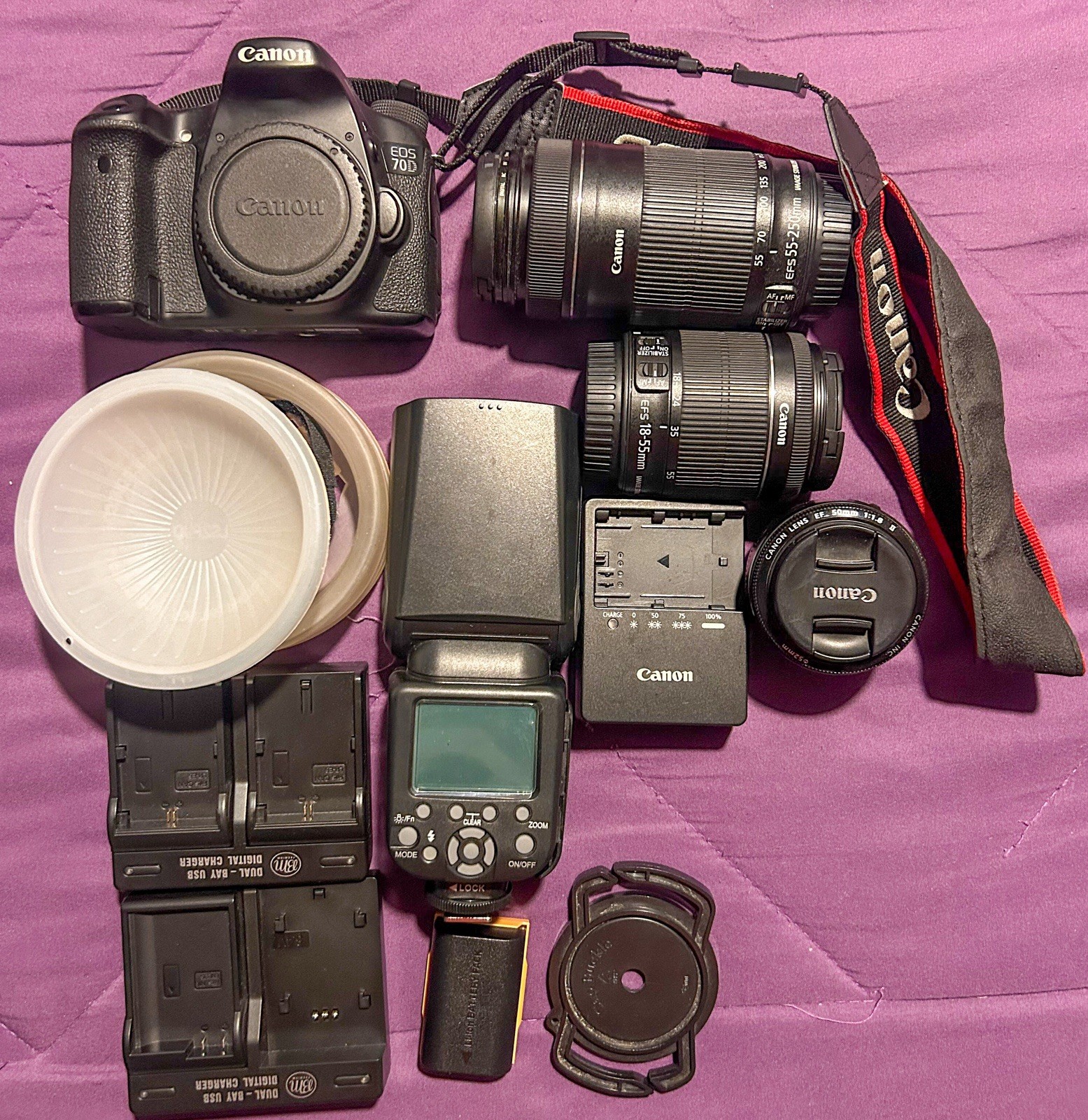 Canon EOS 70D DSLR Bundle w/ EF-S 18-55mm, 50mm 1.8, 55-250mm Lenses, Flash, Bag