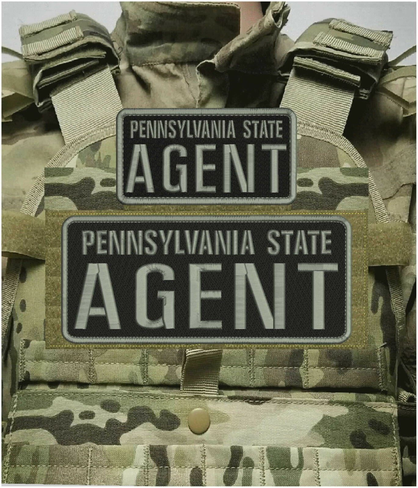 PENNSYLVANI S AGENT EMBROIDERY PATCHS 4X10 & 3X6 HOOK ON BACK GRAY on black