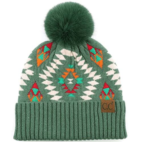 CC Fur Pom Winter Fall Trendy Chunky Stretchy Cable One Size Aztec Forest Green