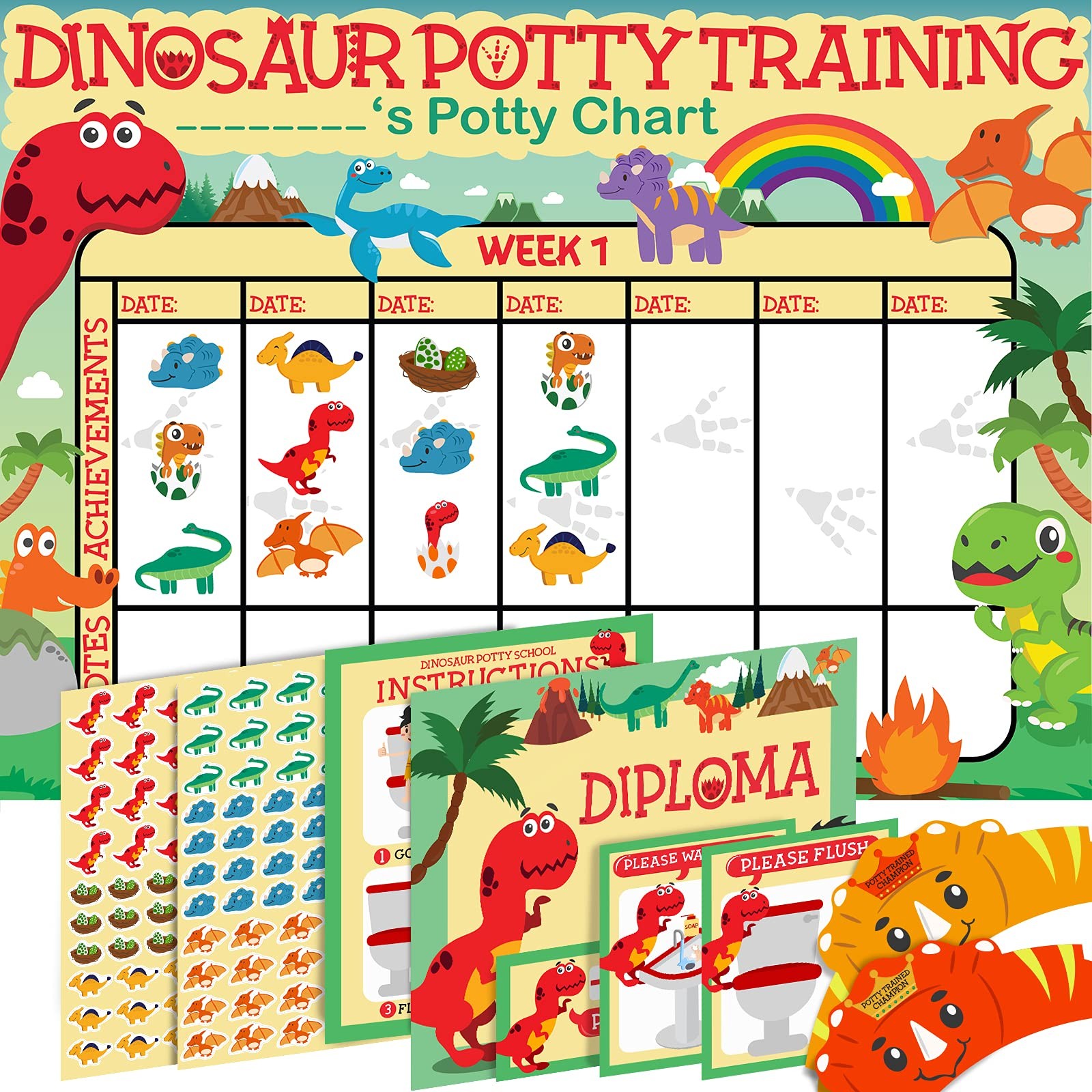Potty Training Chart for Toddlers, Dinosaur Design 12 Piece Set, Dinosaurs