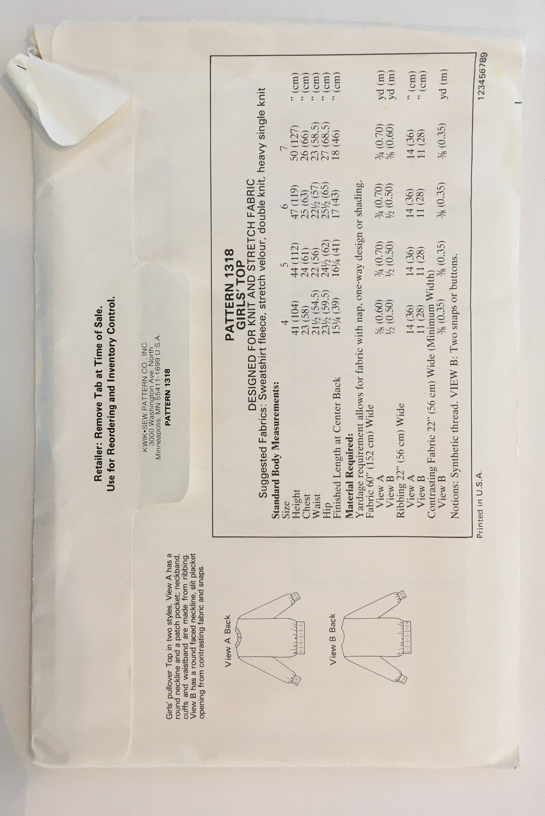 Kwik Sew Sewing Pattern 1318 Child sz 4-5-6-7, Pullover Shirts, patch pocket