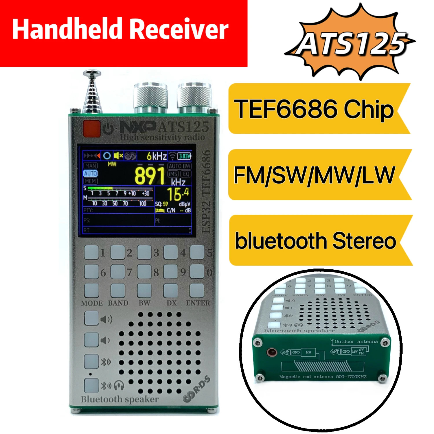 TEF6686 ESP32 65-108MHz Radio Receiver FM/SW/MW/LW, Dual-Mode Bluetooth Stereo