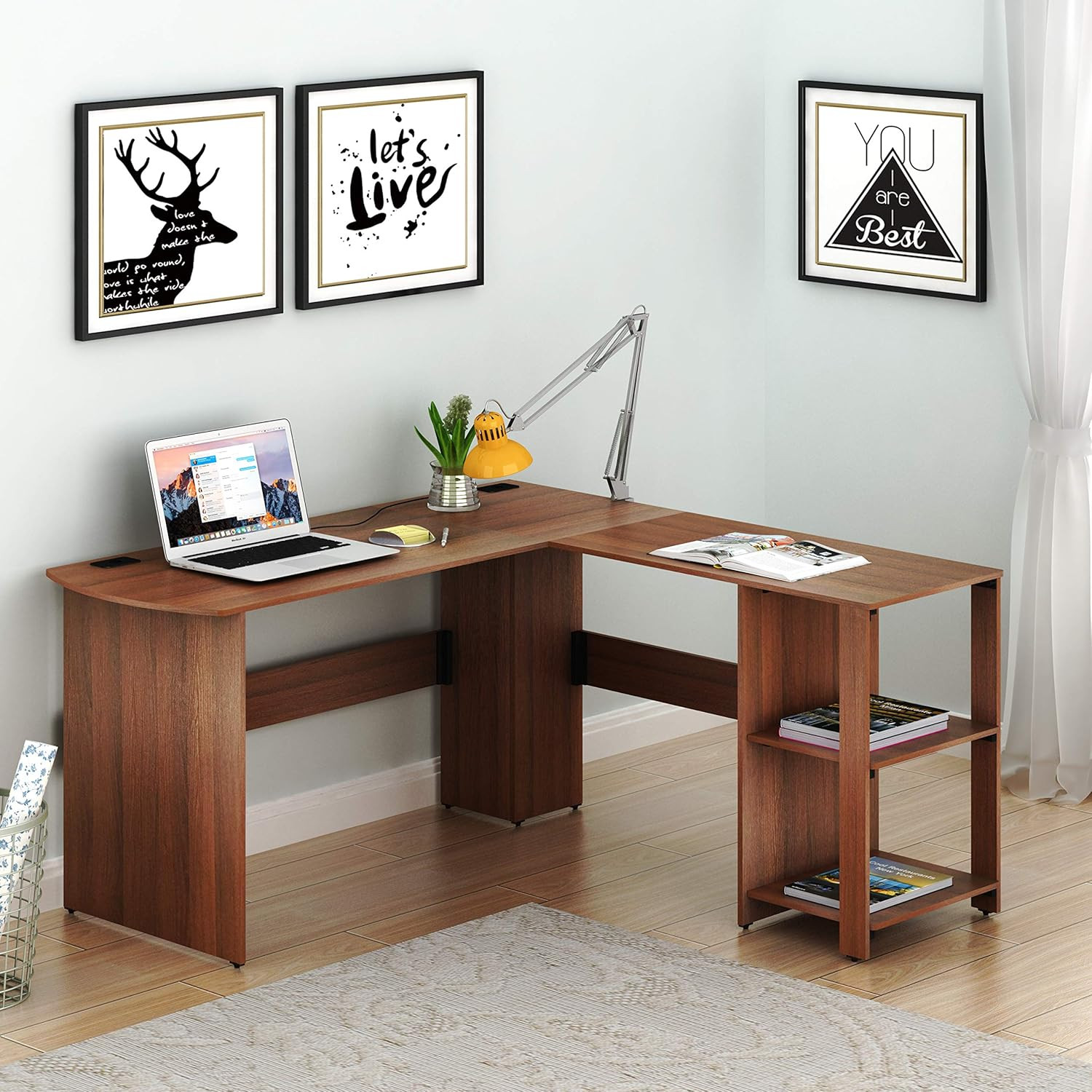 51 X 51 L-Shaped Home Office Wood Corner Desk with Storage, Walnut | Integrated