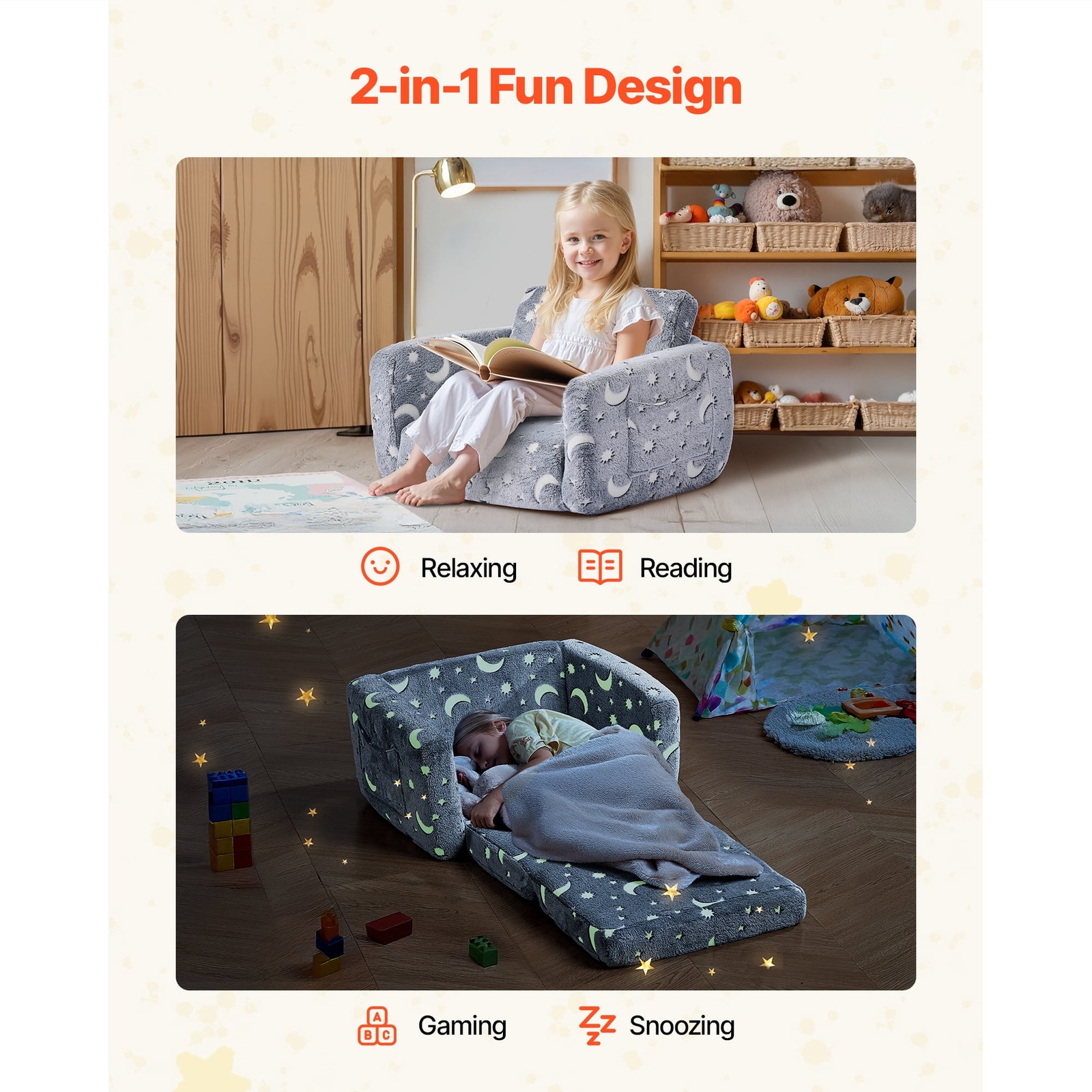 2-In-1 Foldable Kids Chair Armrests Glow-In-The-Dark Convertible Chair-Lounger