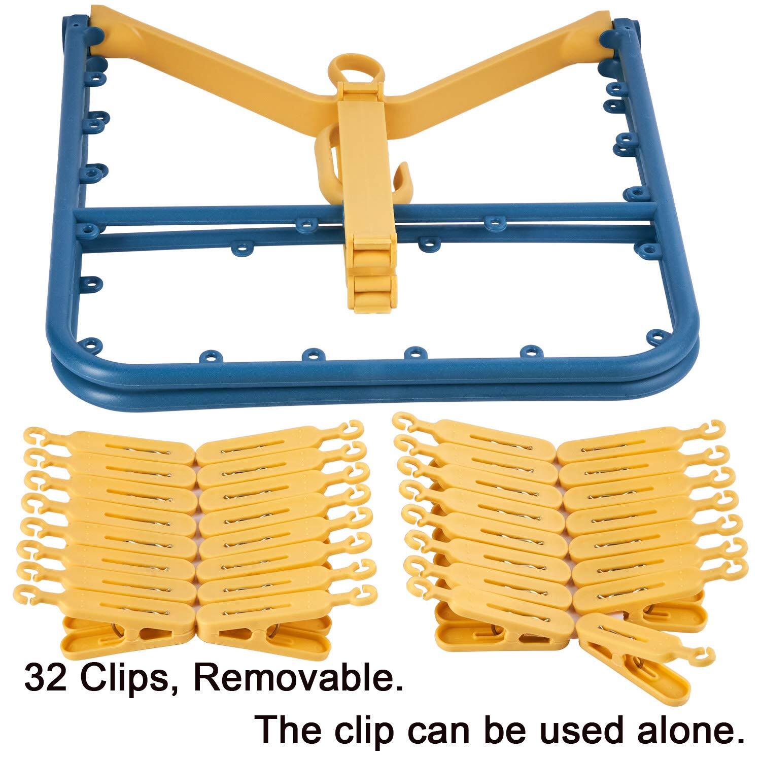 Drip Hanger Foldable Clip Hangers Plastic with 32 Drying Clips Wind-Proof Hoo...