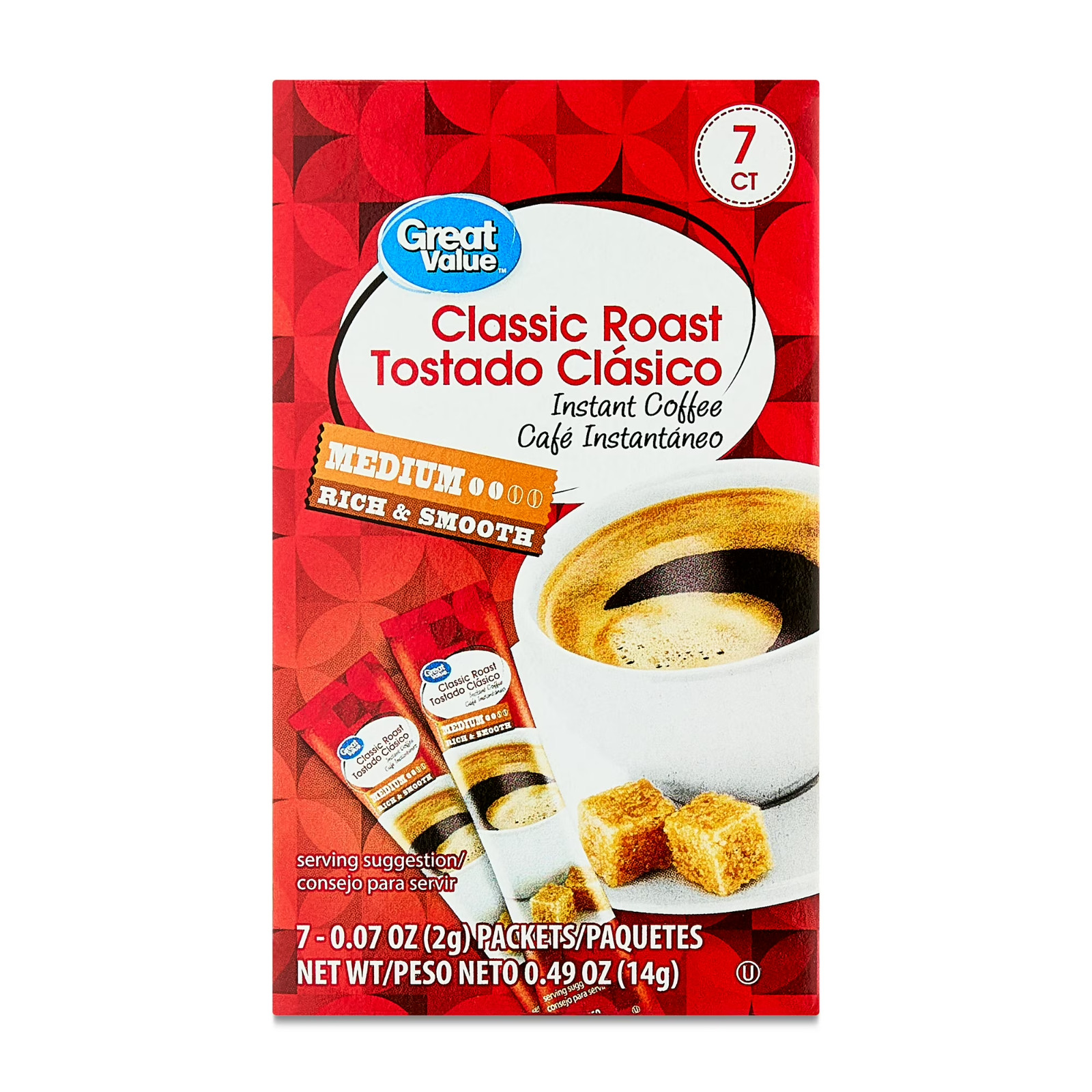 (Pack of 2) Great Value Classic Roast Instant Coffee, Medium, 0.49 oz, 7 Count