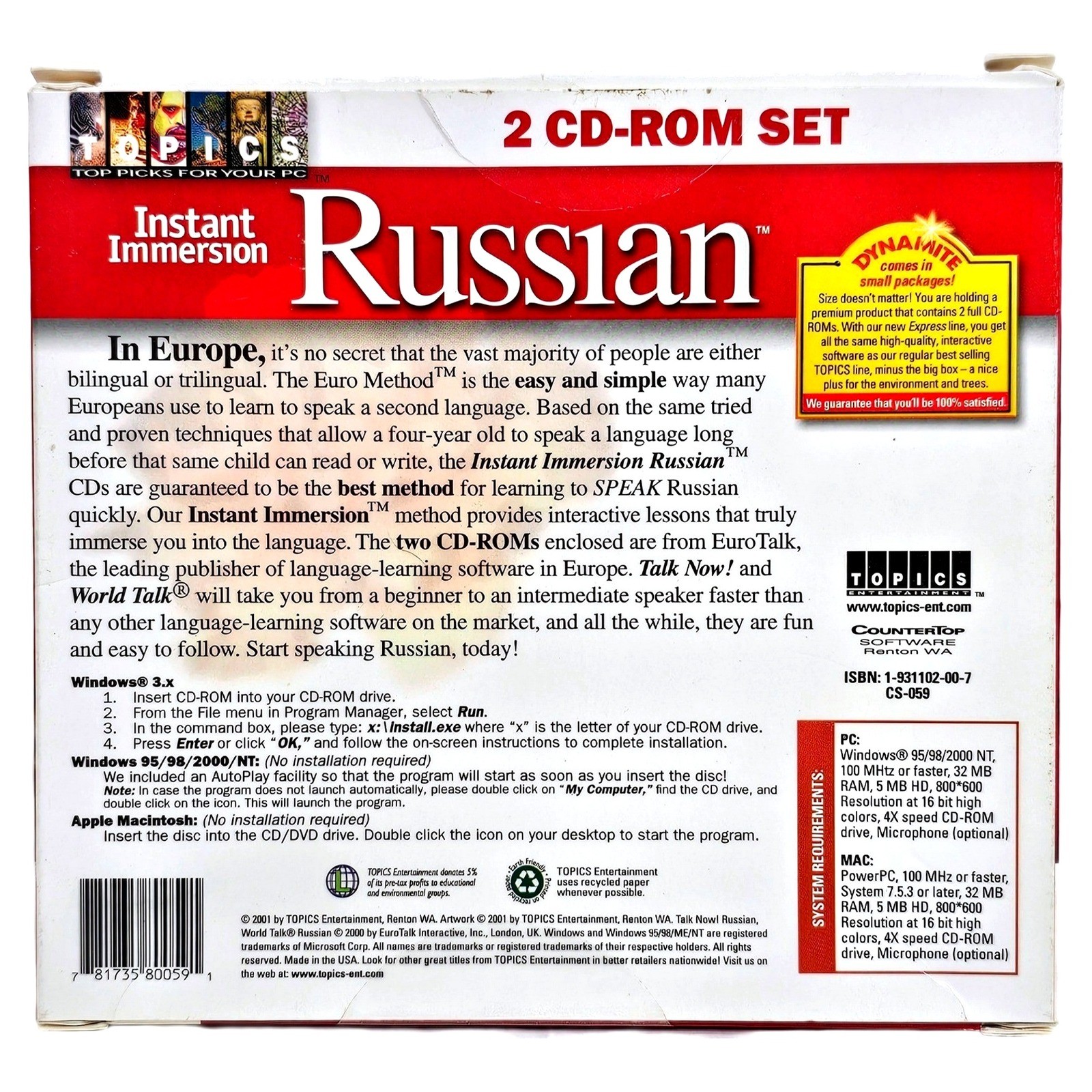 TOPICS Instant Immersion Russian PC Mac CD-ROM Language Learn 2CD Set CS059 EUC