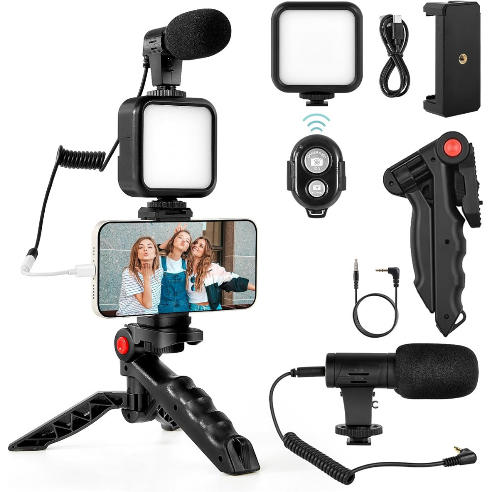 Phone LED Video Light Mic Tripod Kit + Bluetooth for Phone Camera Video Vlogging