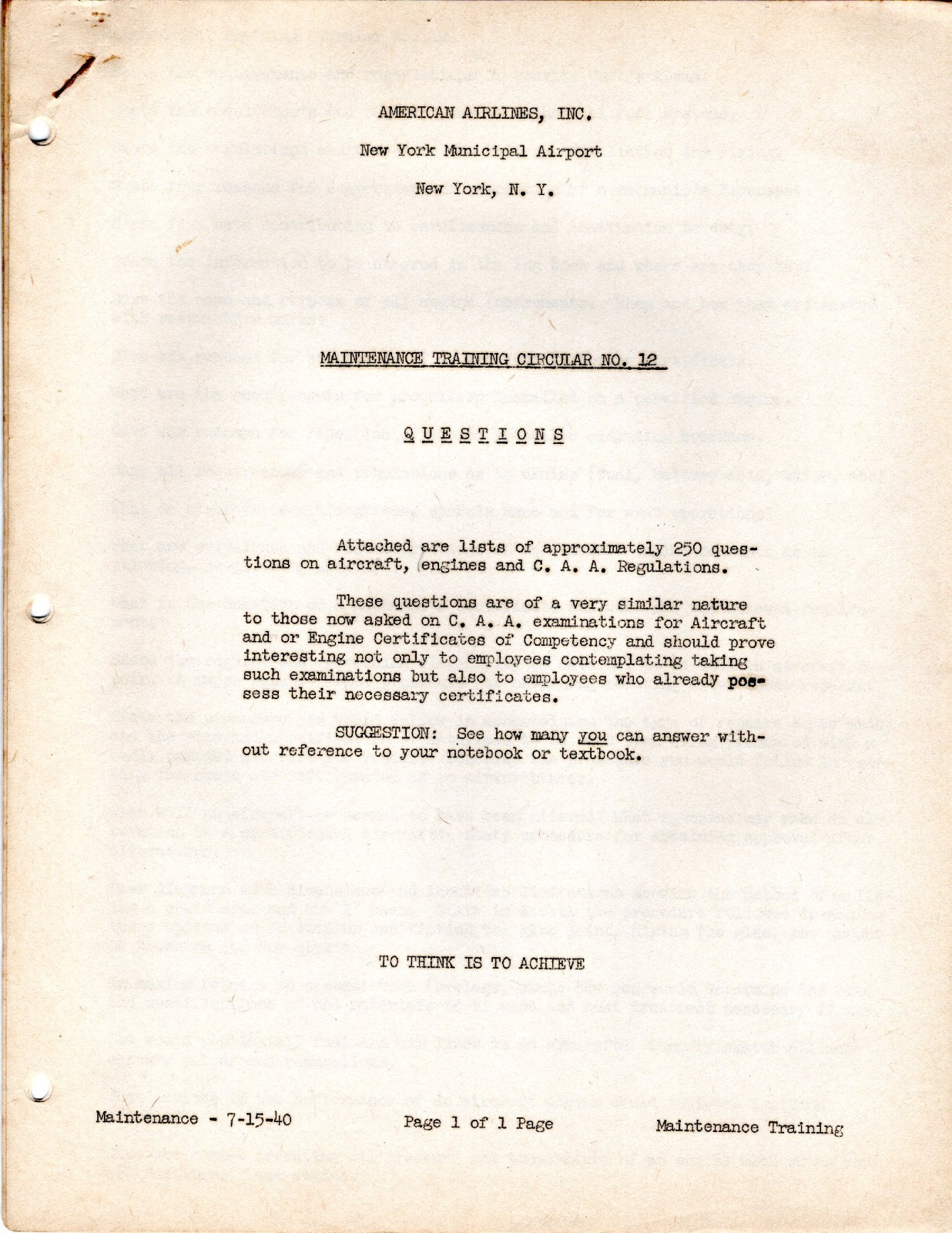 1939 AMERICAN AIRLINES Mechanic Apprentice Training Information Booklets 85 Pgs.