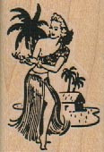 Hula Girl By Palm Trees 1 1/4 x 1 3/4" Mounted Rubber Stamp, Tropical Stamp