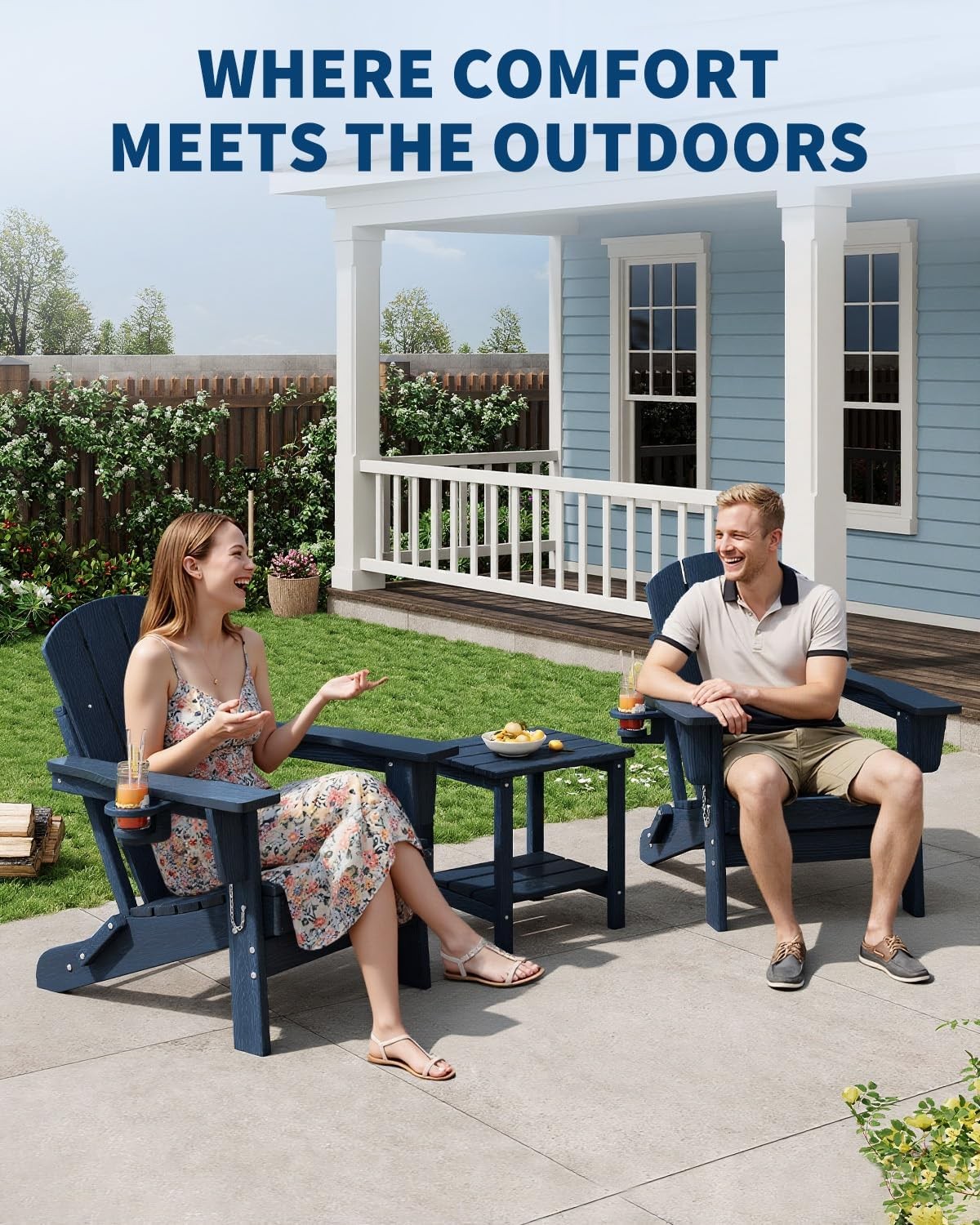 Folding Adirondack Chair Set Patio Outdoor Poly Seat Garden Deck + Side Table