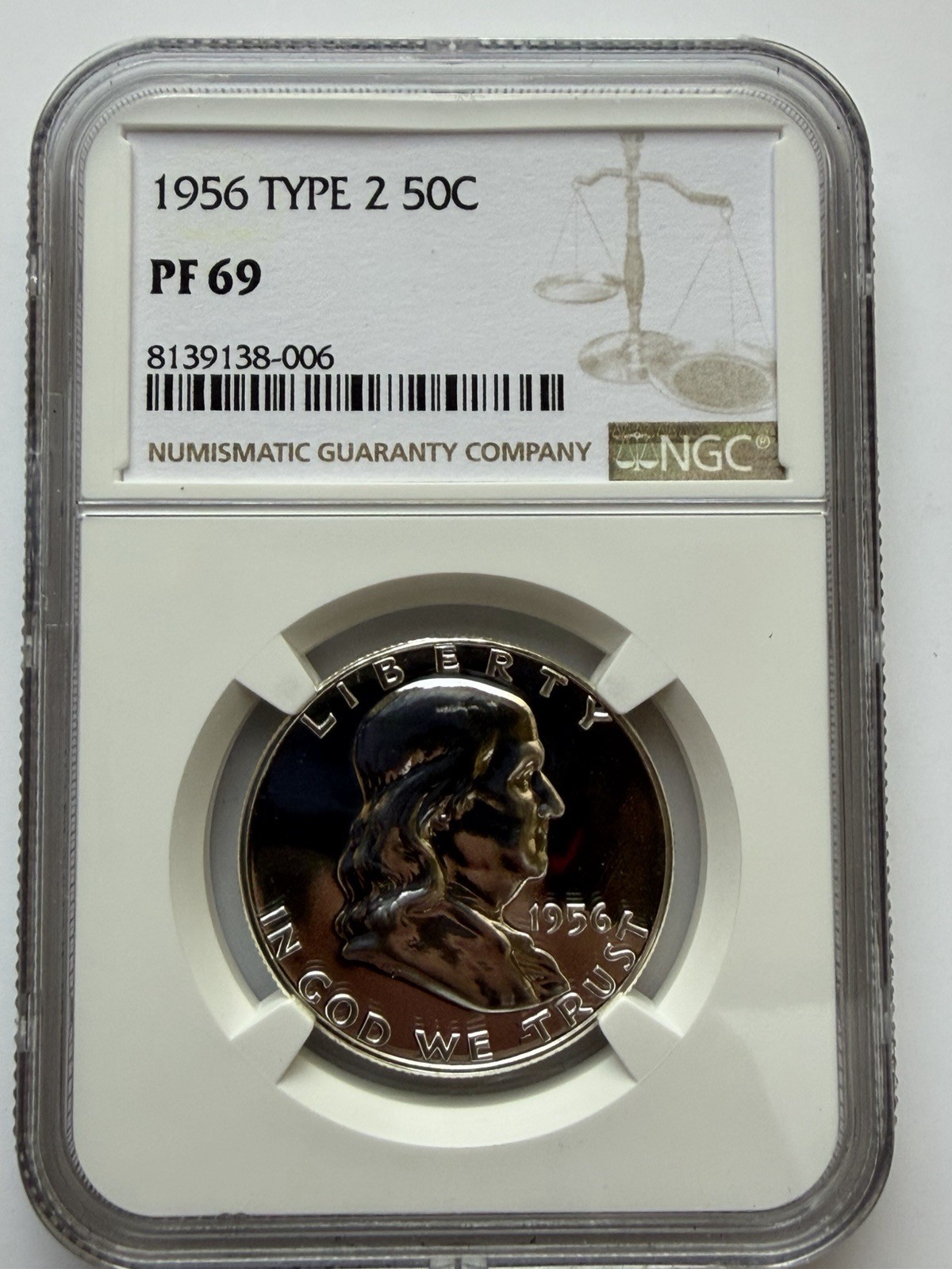 1956 Type 2 Ben Franklin Half Dollar 50C NGC PF 69 90% Silver Brown Label