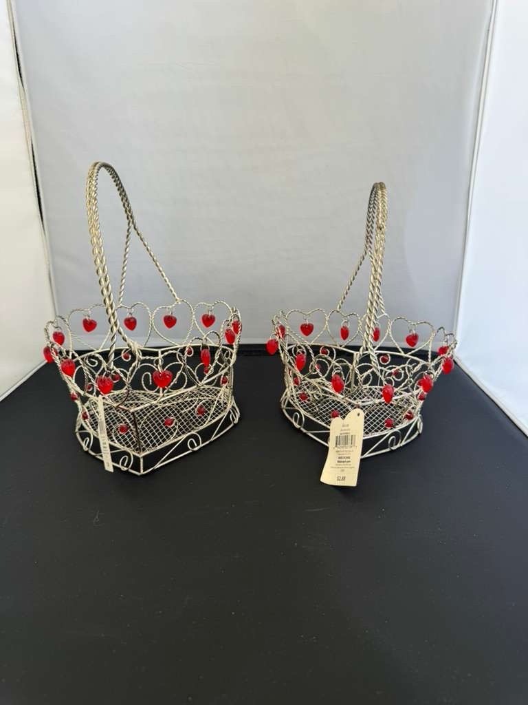 Vintage 2 Heart Shaped TwistedWire Basket with Red Plastic Hearts & Beads New