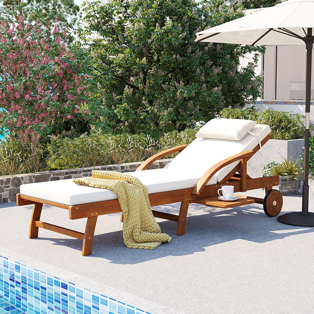 Adjustable Outdoor Lounge Recliner Chair Acacia Wood w/Cushion Tray Pool Garden