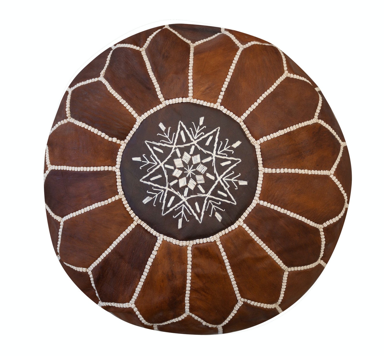 Hand-Tooled Brown Round Geniune Leather Pouf. UNSTUFFED. Custom Option Available