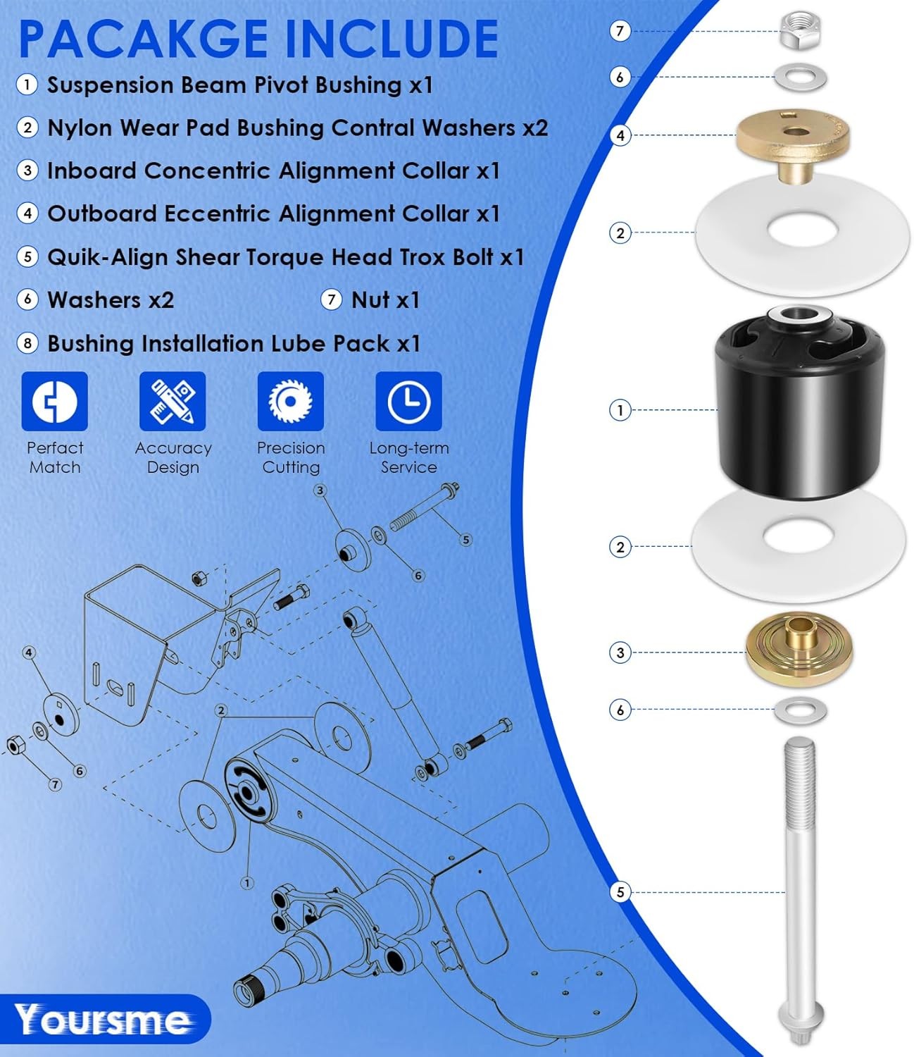 Quik-Align Pivot Bolt Bushing Kit w/Alignment Collar for Hendrickson Turner Lift