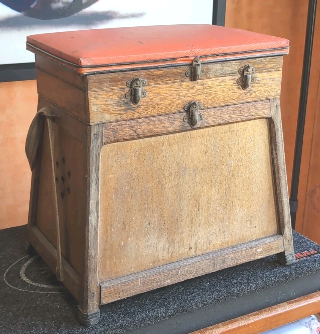 VINTAGE FRENCH FISHING BOX SEAT BASKET, HAND MADE, H38cm L39cm W27cm - R808