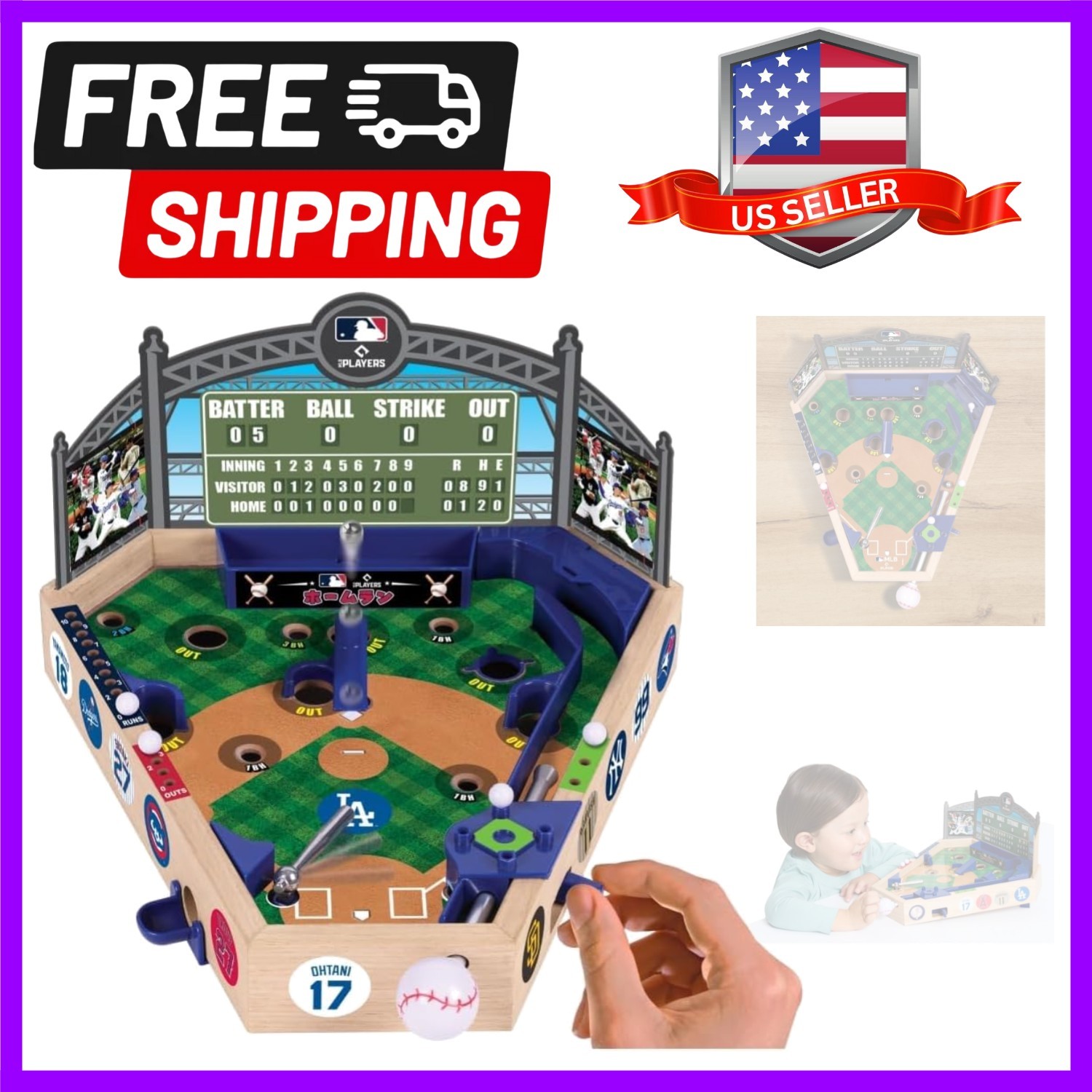 Ambassador Games MLB Wooden Pinball Baseball Game 14 x 12 x 8 inches