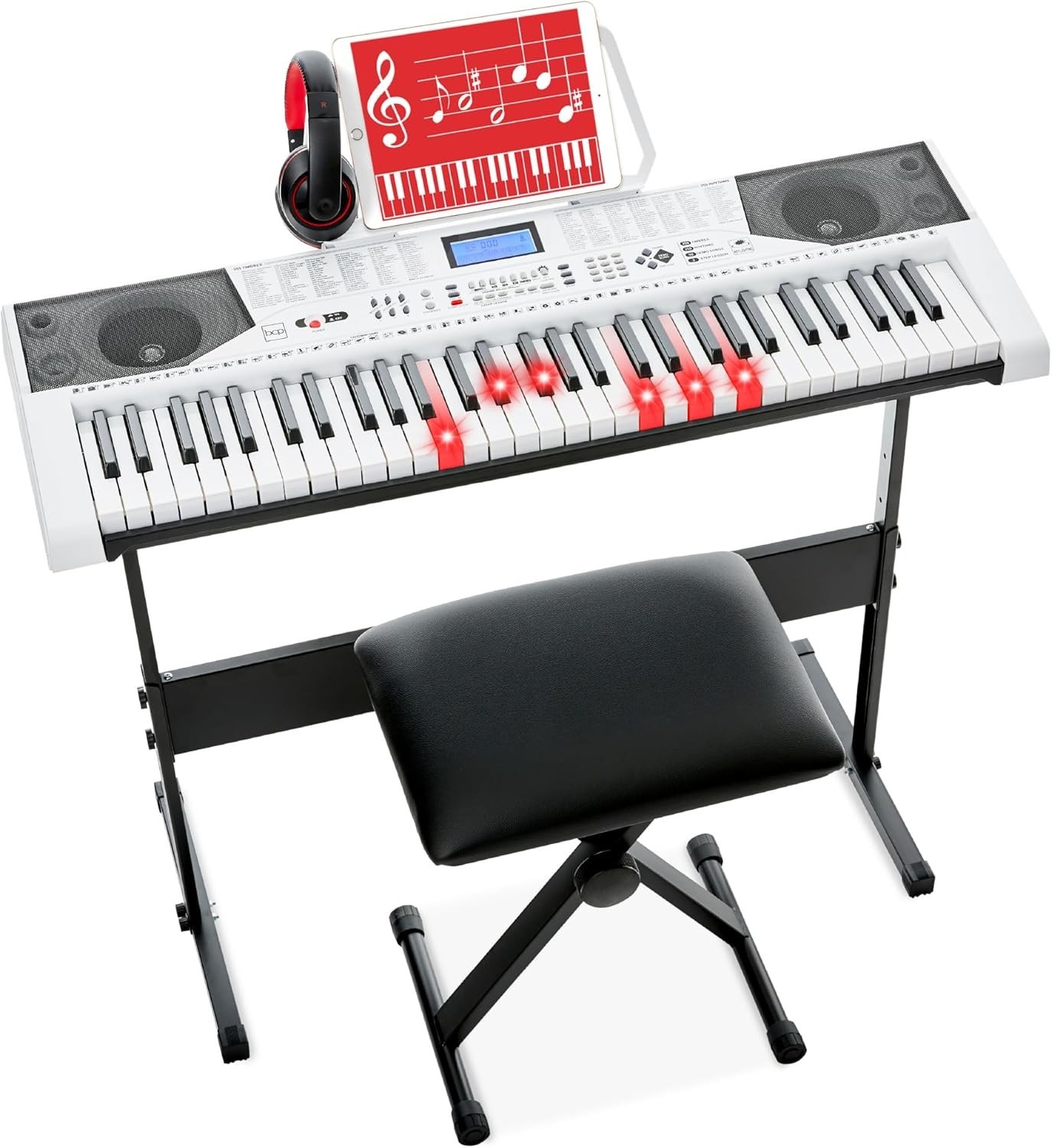 61-Key Beginners Complete Electronic Keyboard Piano Set w/Lighted Keys, LCD Scre