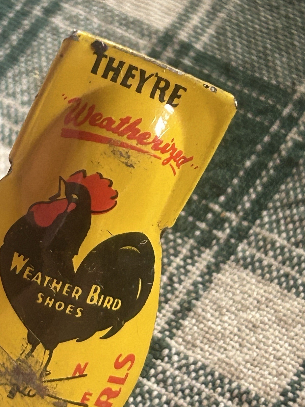 Vintage Weather Bird Shoes Toy- tin clicker noise maker advertisement